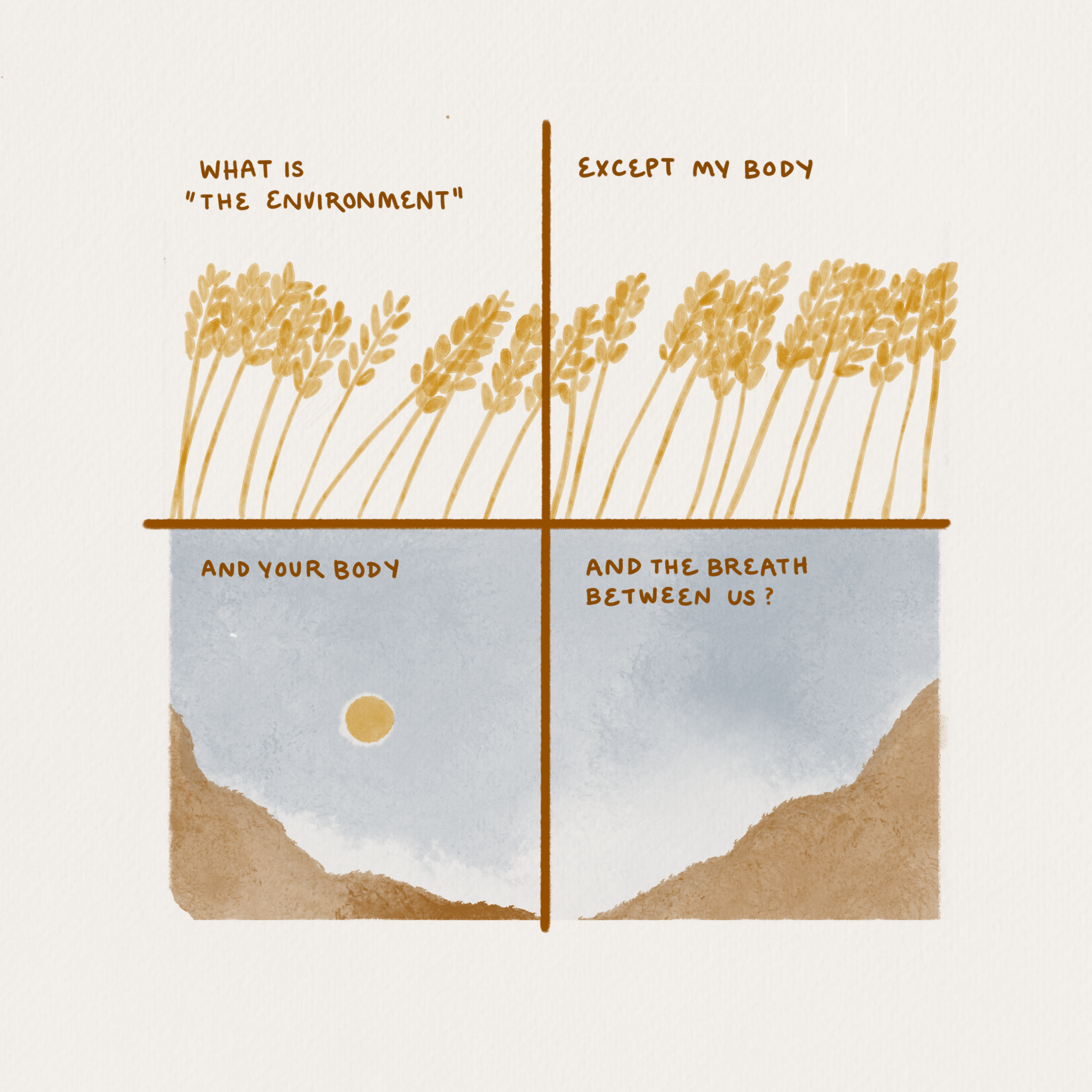 Text: What is "the environment" except my body, and your body, and the breath between us? Image: A wheat field blows in the wind. A yellow sun bakes down on a dry, brown valley. (Copy) (Copy) (Copy)
