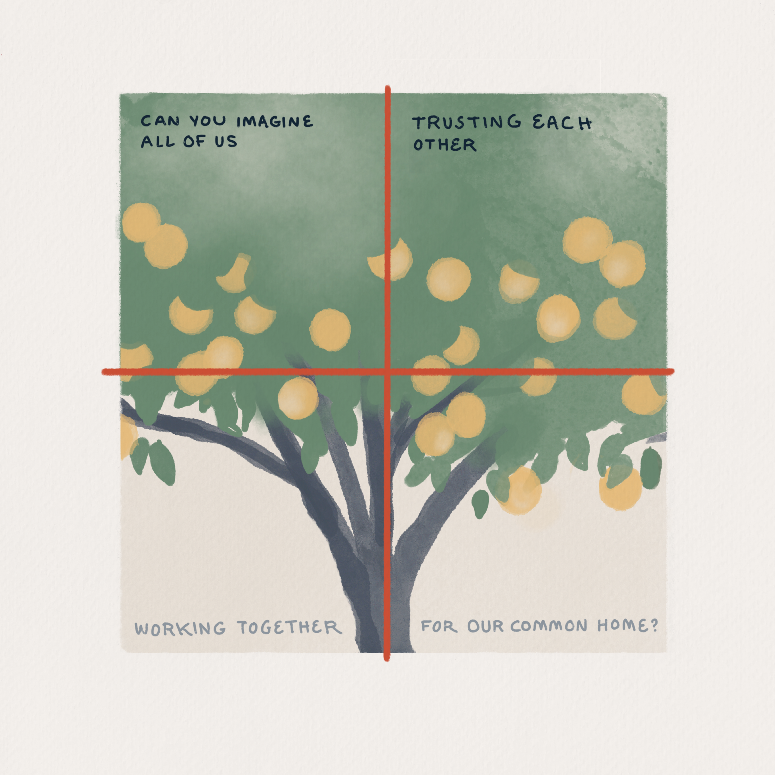 Text: Can you imagine all of us, trusting each other, working together for our common home? Image: a fruiting citrus tree (Copy) (Copy) (Copy)