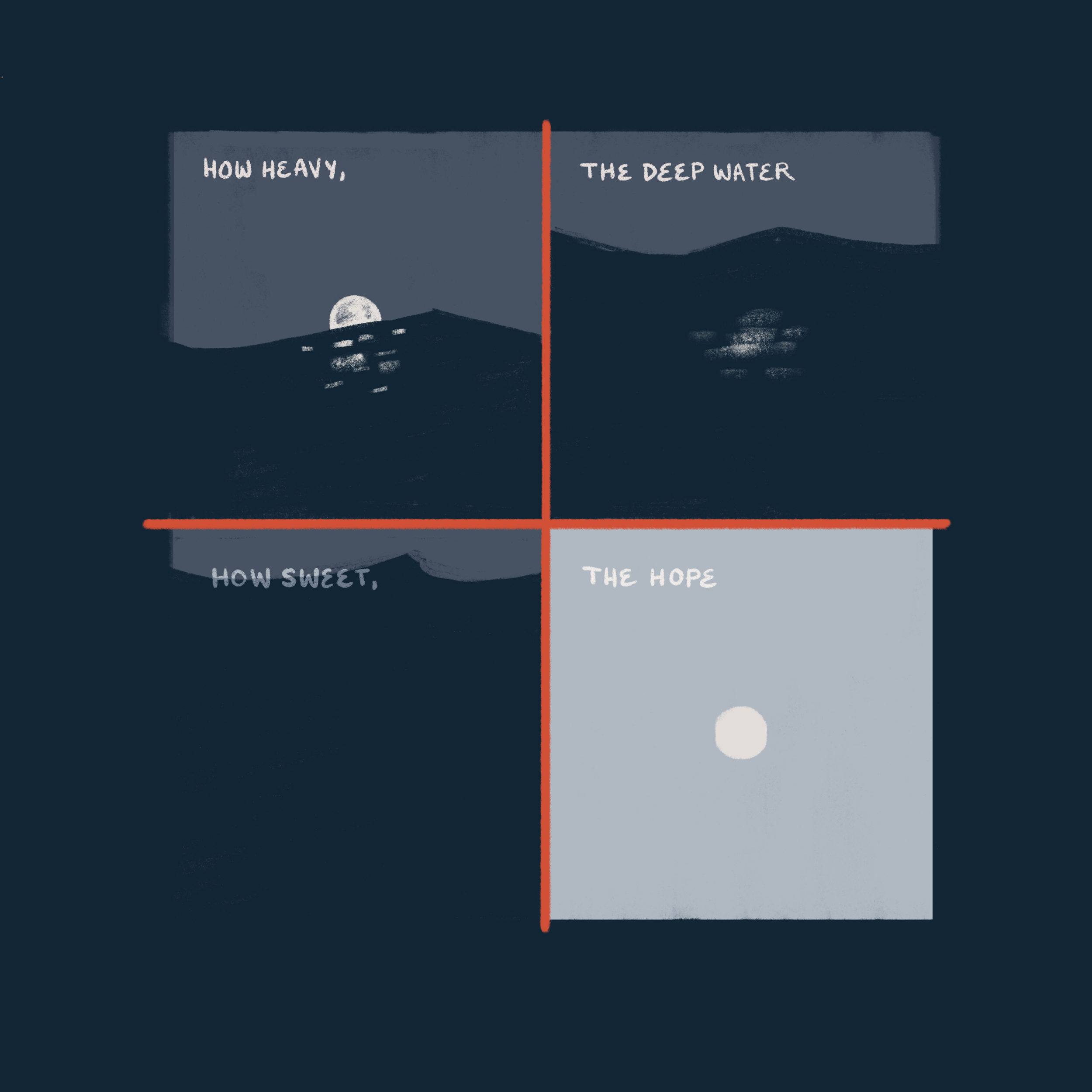 Text: How heavy, the deep water. How sweet, the hope. Image: The moon is gradually obscured by dark, rising waters. Then it is revealed, standing stark in a bright blue sky. (Copy) (Copy) (Copy)
