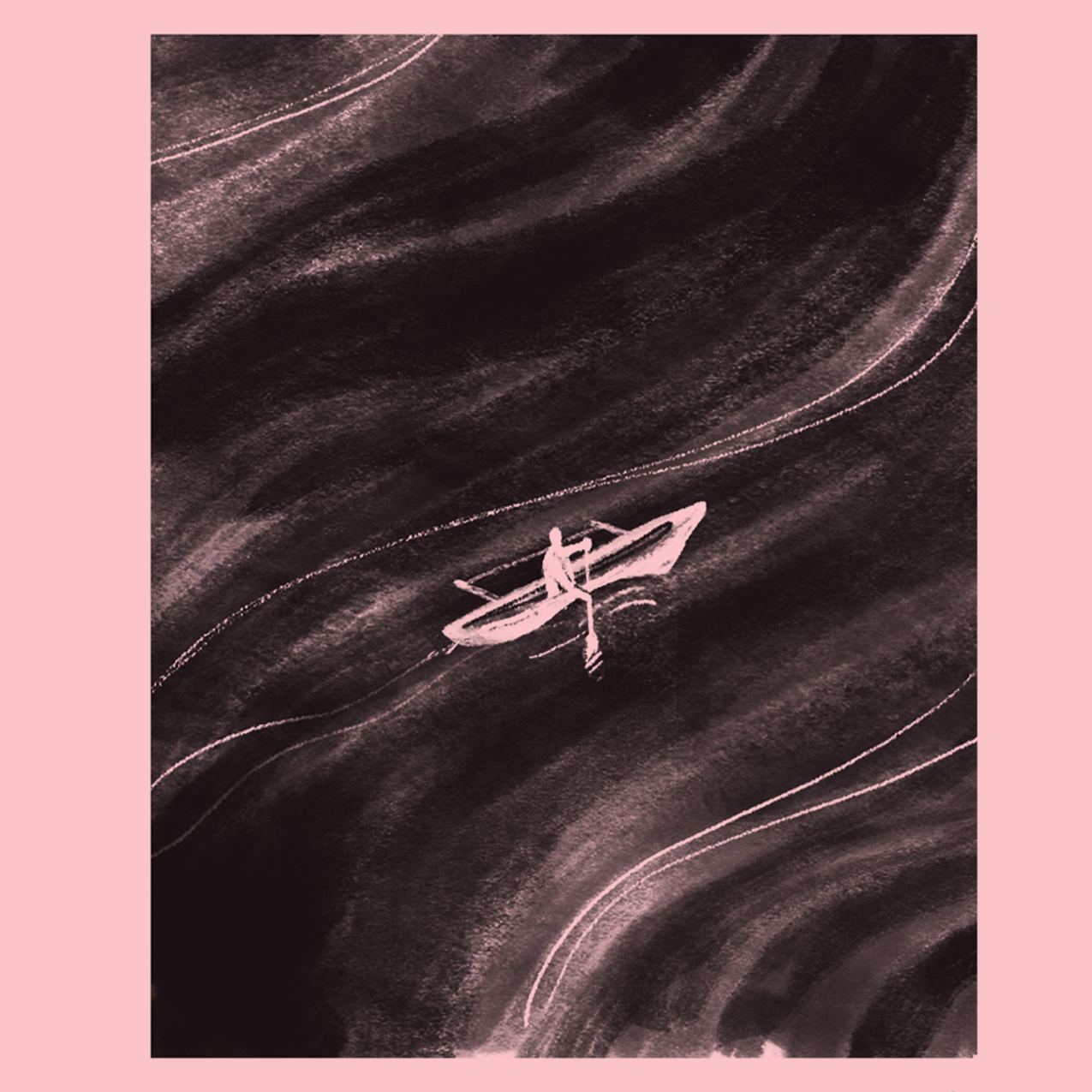 Cover image: A figure rows a small boat in big, dark waves.