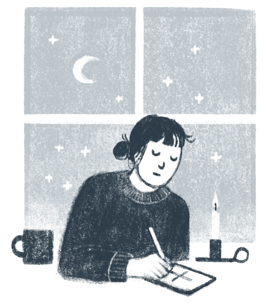 Illustration of a woman with light skin and dark hair with bangs drawing on a tablet. Behind her is a four-panel window with moon and stars visible. The style is textured and pastel-like and is rendered in monochromatic shades of blue.