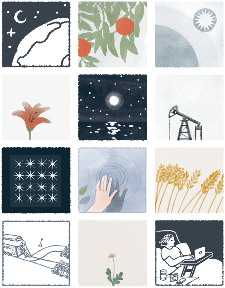 Grid of 12 colorful panels in watercolor style. These panels are excerpted from comics in the interior of the site and include leaves, fruits, sun, moon, stars, oil infrastructure, wheat, flowers, trolley problem, and someone using a laptop in bed.