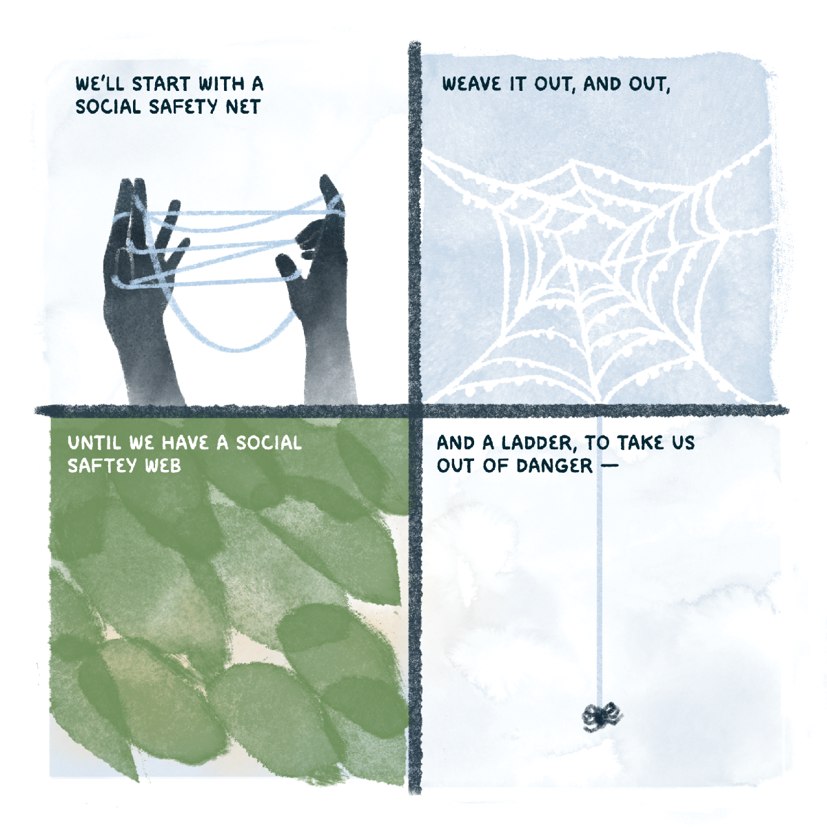 4-panel poetic comics in a watercolor style. Two hands weave cat's cradle, a dewy spiderweb, leaves. Text reads "We'll start with a social safety net. Weave it out, and out, until we have a social safety web. And a ladder, to take us out of danger."