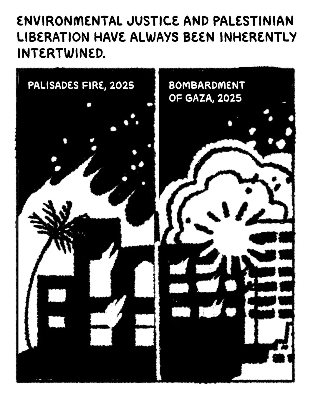 Comic with text: “Environmental justice and Palestinian liberation have always been inherently intertwined.” Two parallel panels illustrations of the California Palisades fire, 2025, and bombardment of Gaza, 2025.