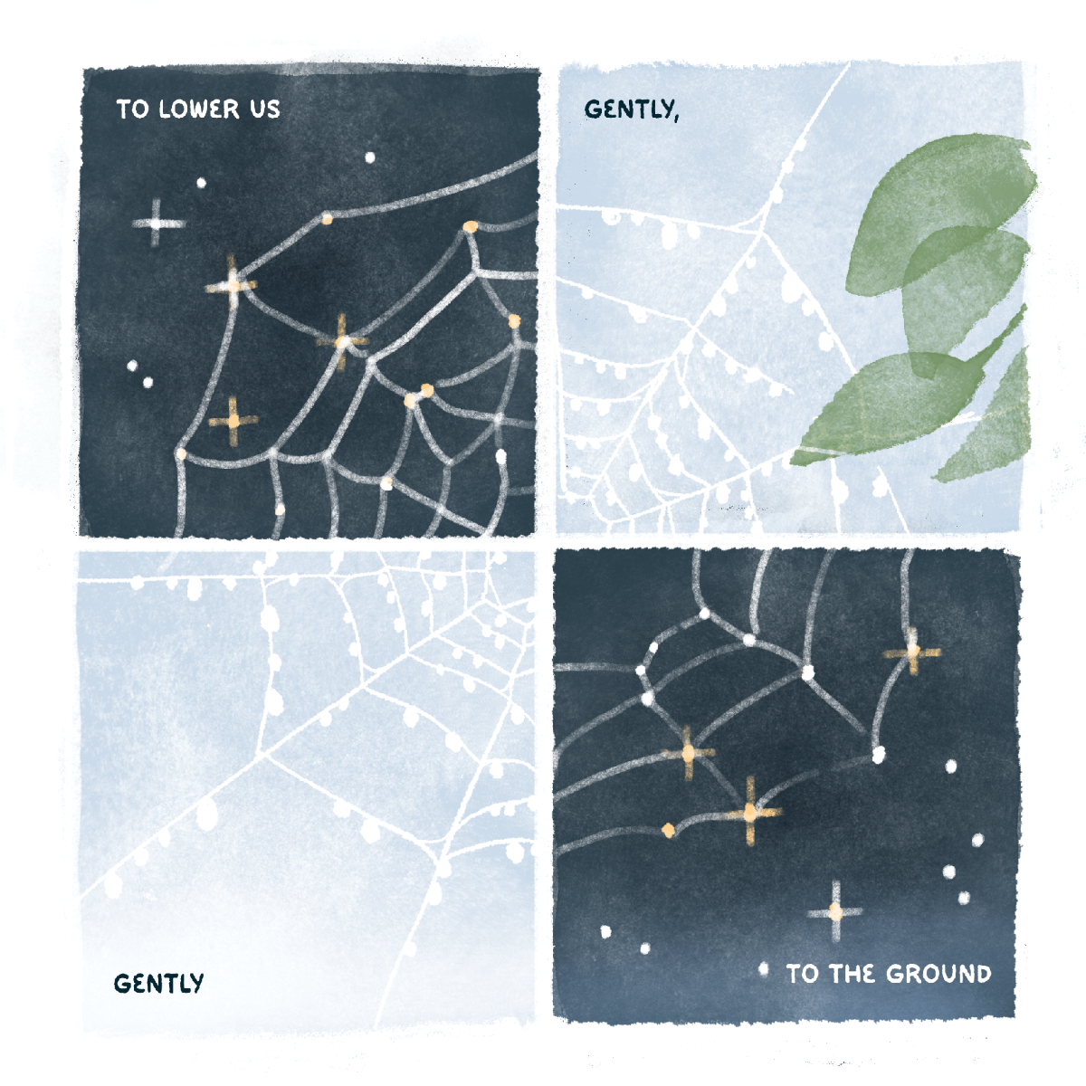 A shining, dewy spiderweb at night. Its shine is mirrored in the sparkling stars around it. A dew-covered spiderweb in the day against a clear blue sky. Text reads "to lower us, gently, gently, to the ground."