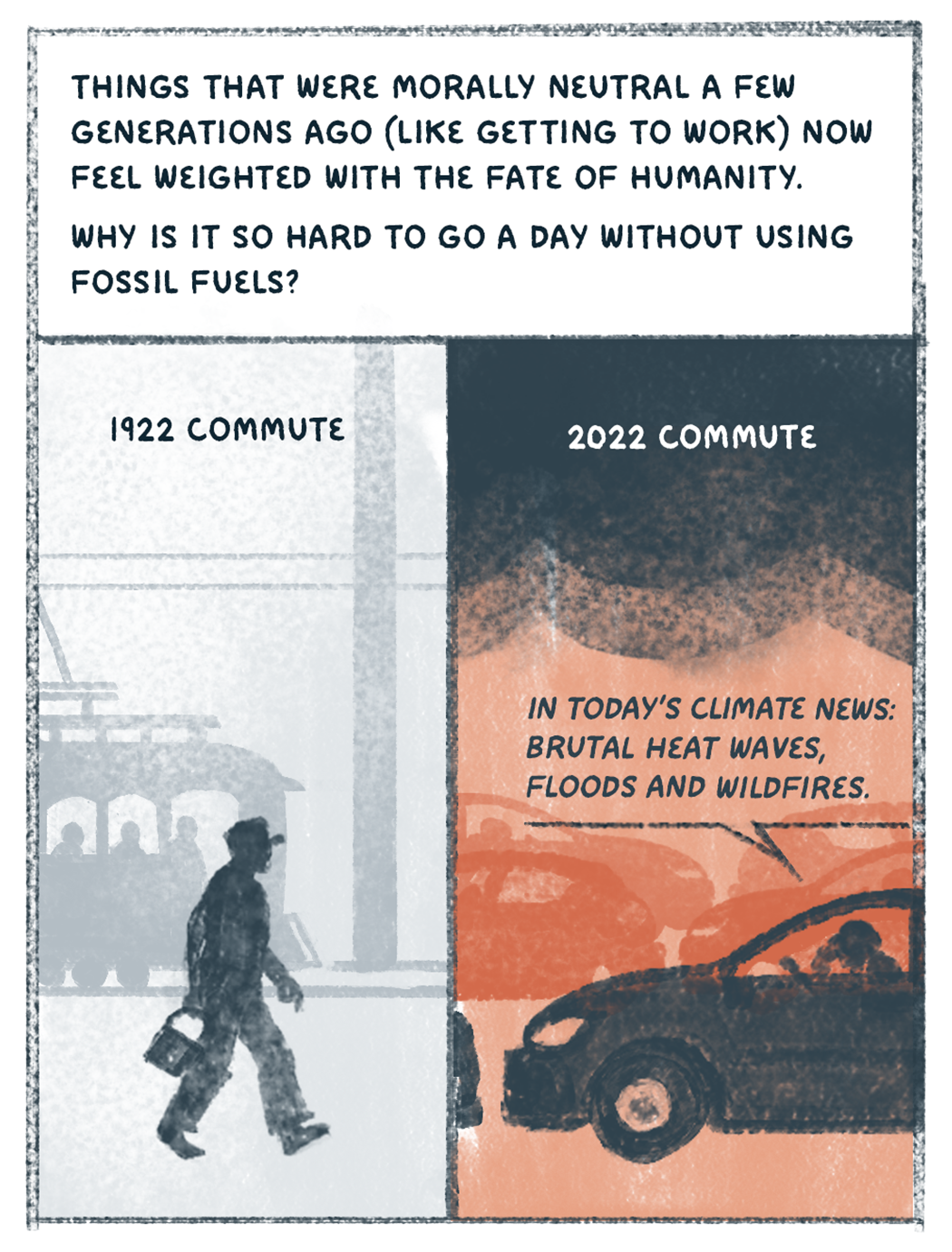 "Things that were morally neutral a few generations ago (like getting to work) now feel weighted with the fate of humanity. Why is it so hard to go a day without using fossil fuels?" Two images contrast 1922 commute (walking) and 2022 commute (car).