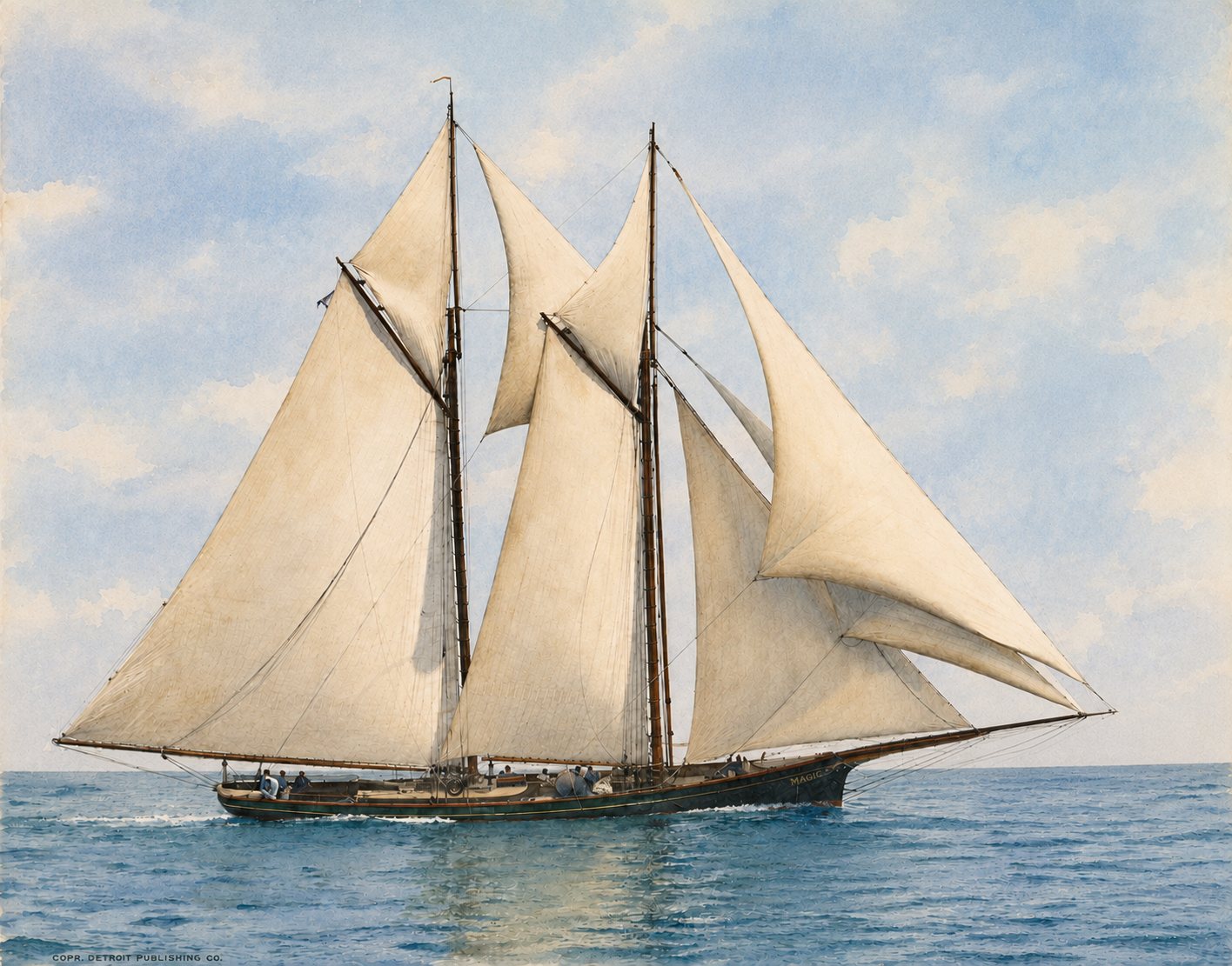 The classic sailing yacht "Magic" with large beige sails under a partly cloudy sky, sailing on the ocean. The "Magic" was the first defender of the America's Cup.