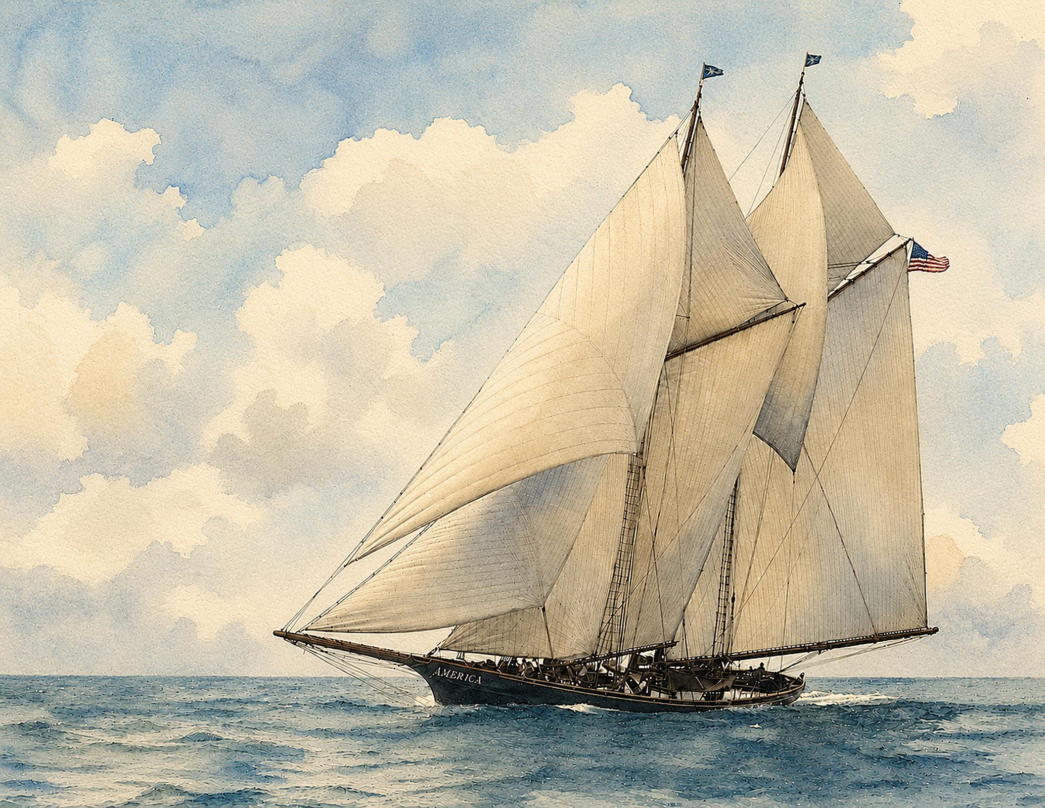 The sailing yacht "America", sailing with white sails on the open ocean under a partly cloudy sky. The America won the Hundred Guinea Cup in 1851 and began the America's Cup tradition