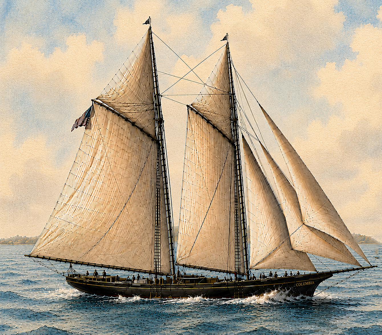 The classic sailing yacht "Columbia" with multiple sails, sailing in New York Harbor.  Columbia, along with the yacht Sappho were the defenders of the 2nd America's cup.
