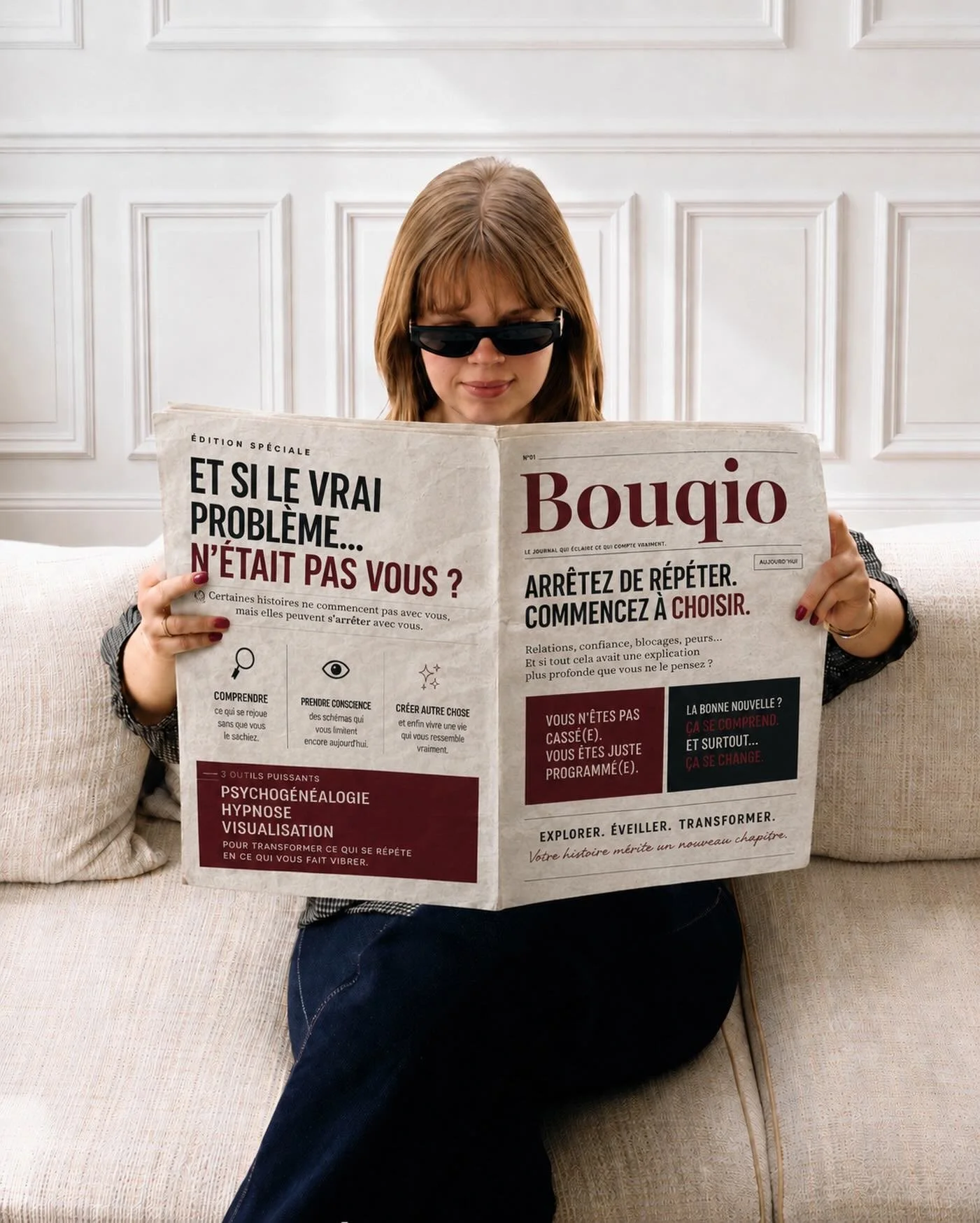 Une jeune femme portant des lunettes de soleil lit un journal grand format avec un fond blanc. Elle est assise sur un canapé beige avec des coussins blanc et apparaît concentrée.