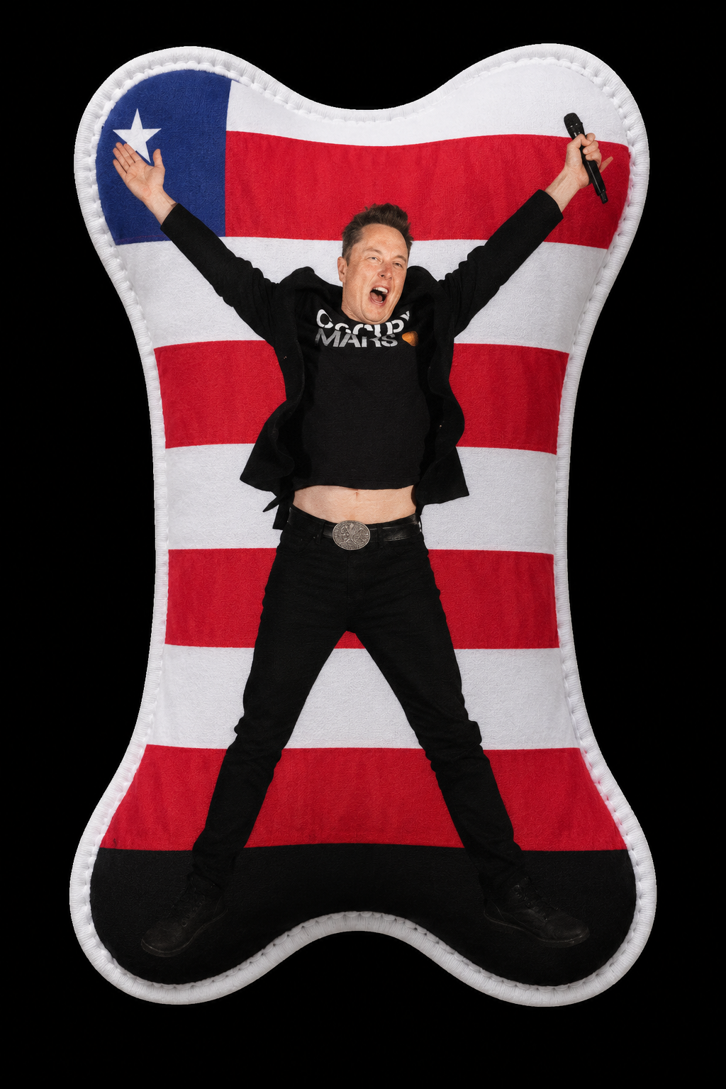 Elon Musk jumping with arms outstretched in front of a American flag background.