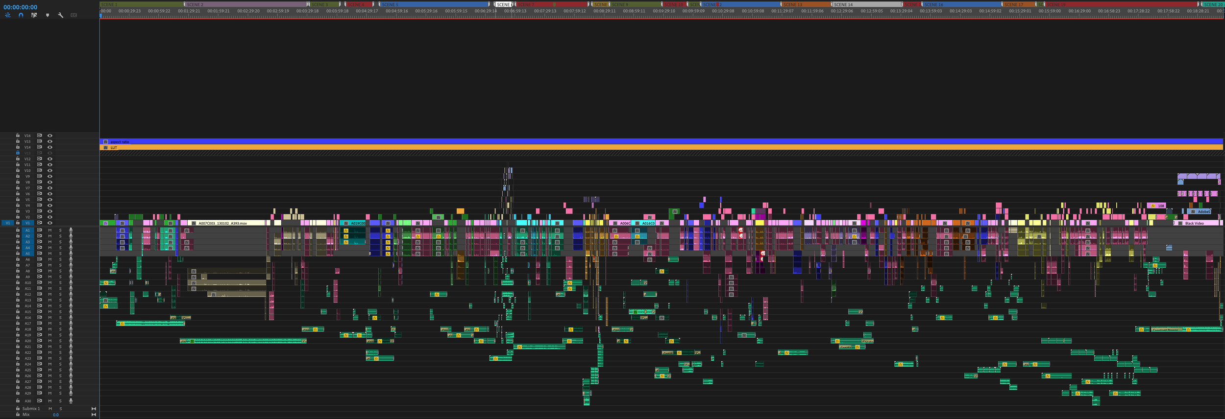 Screenshot of a timeline editing software with multiple tracks and color-coded clips, showing a video editing project in progress.