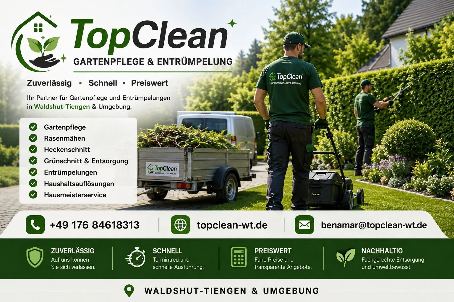 Advertisement for TopClean gardening and cleaning services featuring a landscaper in green uniform using equipment in a lush garden with houses and trees in the background. Contains contact information and service list in German.