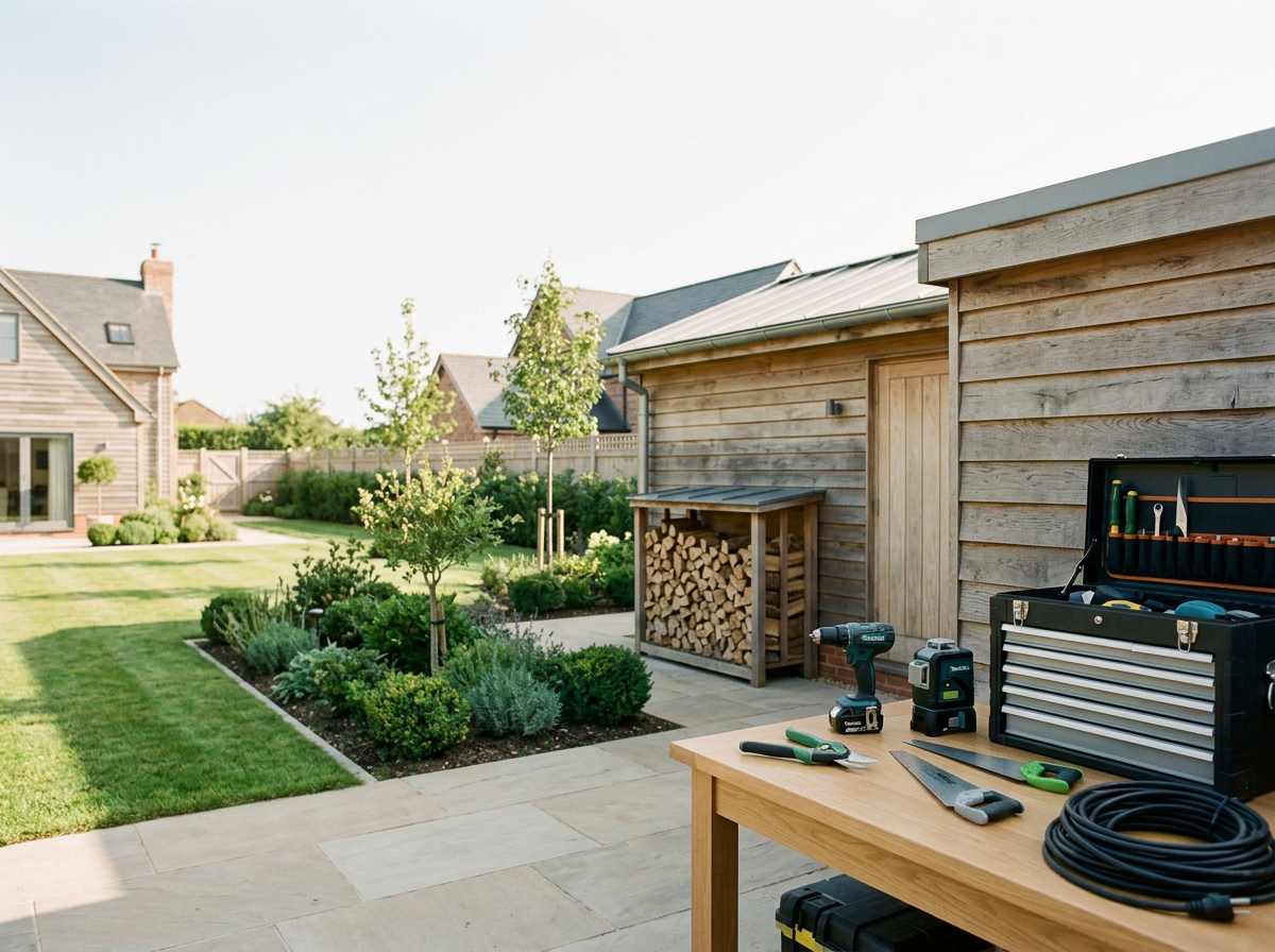 Gepflegtes Grundstück mit Gartenhaus und Holzlager