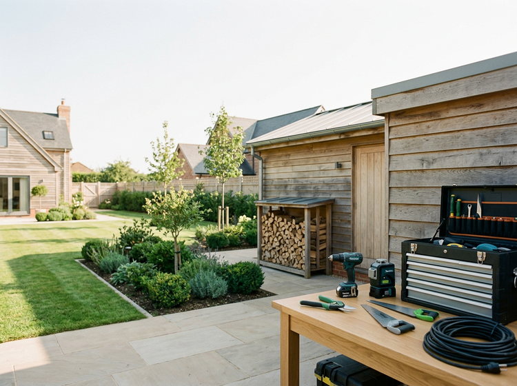Gepflegtes Grundstück mit Gartenhaus und Holzlager