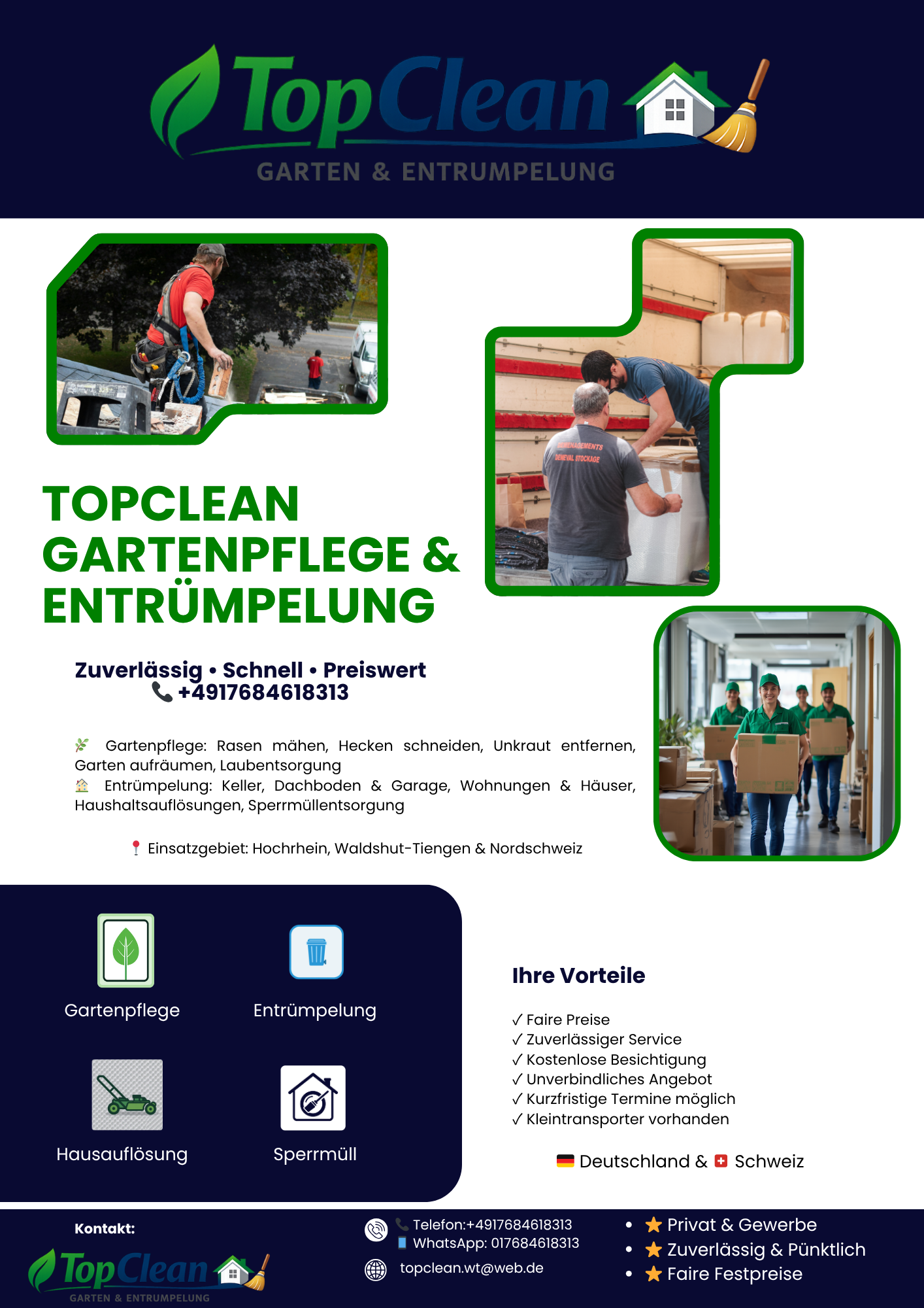 A flyer for TopClean gardening and cleaning services, featuring images of workers cleaning and packing, with services listed as gardening, cleaning, house clearing, and waste disposal, and contact information.