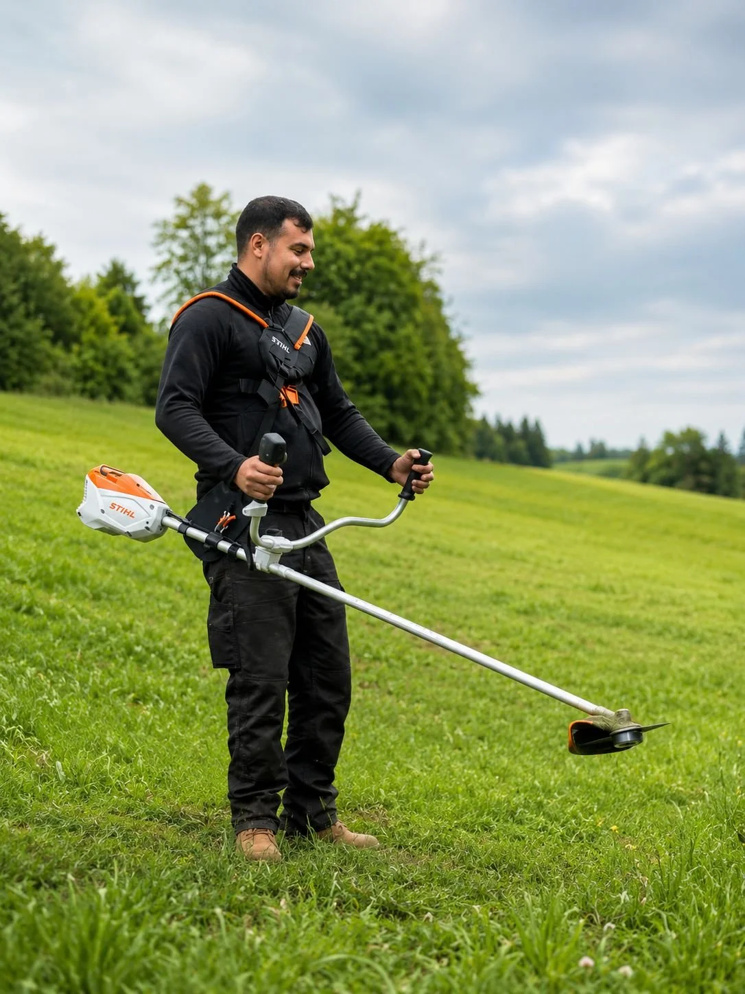 Man in black jacket and pants using a cordless weed whacker on a grassy field with trees and cloudy sky in the background.