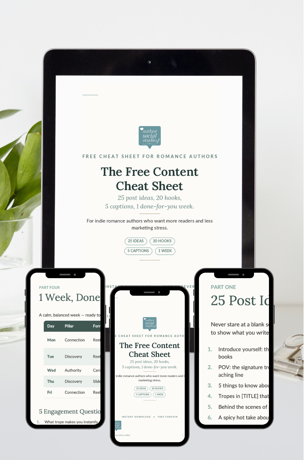 Image of sample pages from the Free Social Media Cheat Sheet for Authors, displayed on iPad and iPhone screens on a white desk, next to a green plant.