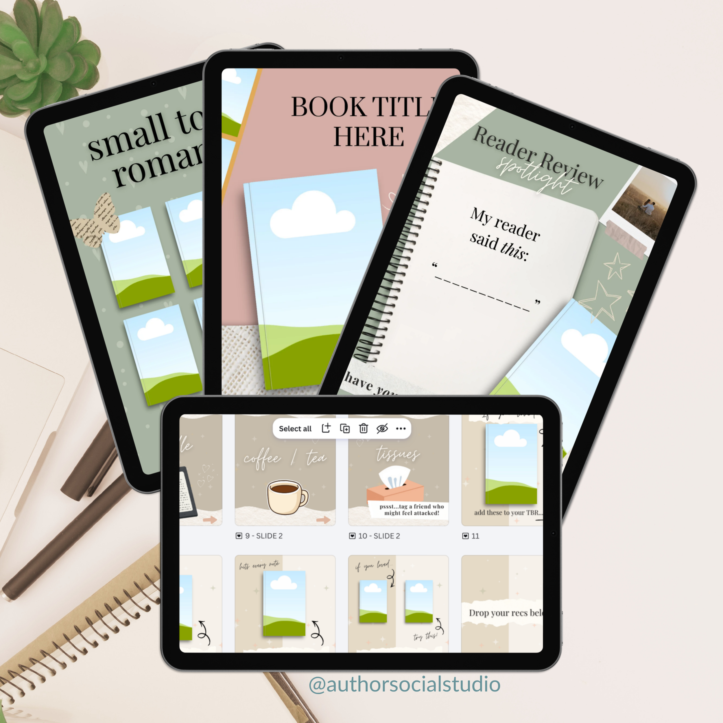 sample pages of The Visible Author Canva Template Starter Pack displayed on iPads, laying flat on a white desk with a notebook and a green plant