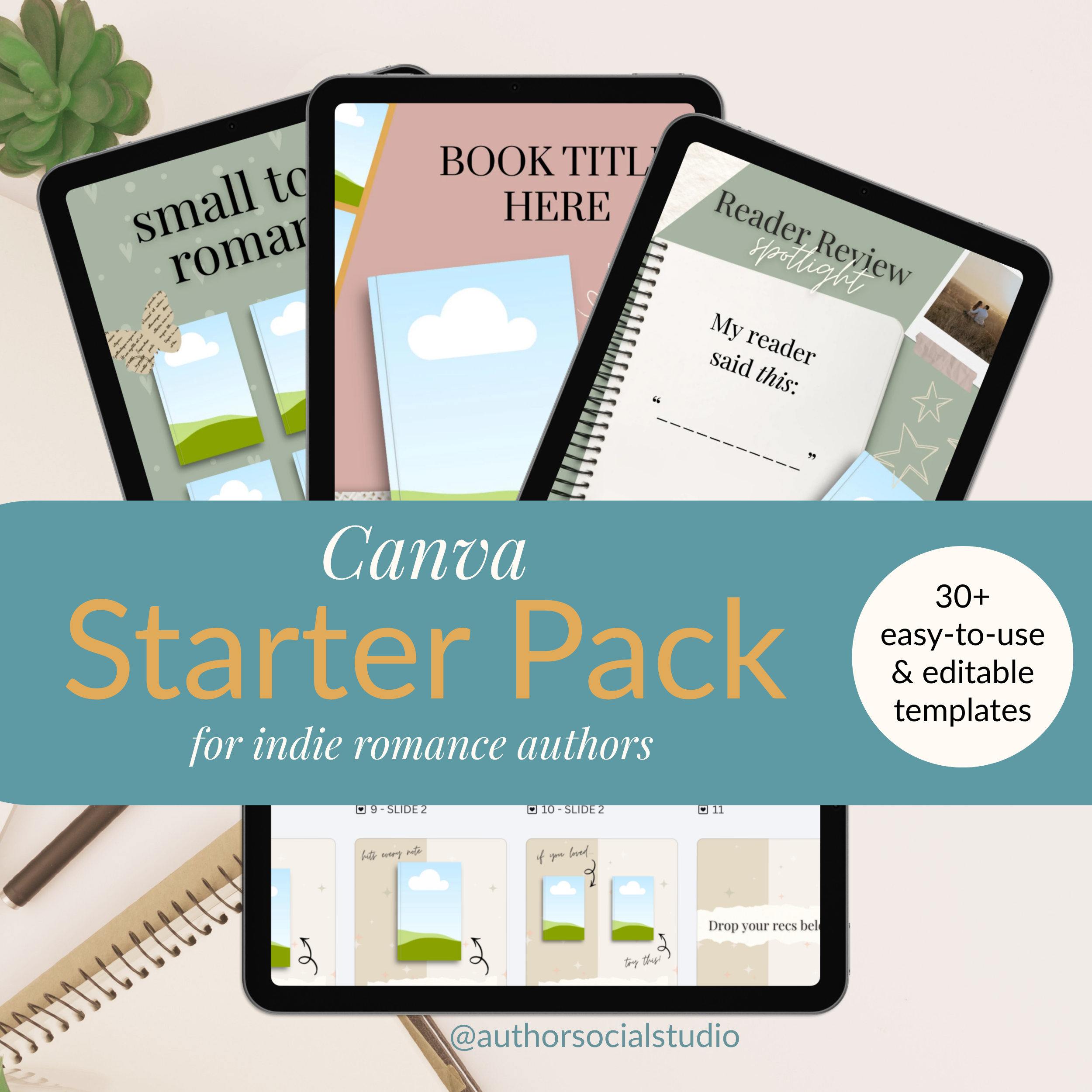 sample pages from The Visible Author Canva Starter Pack displayed on multiple iPads