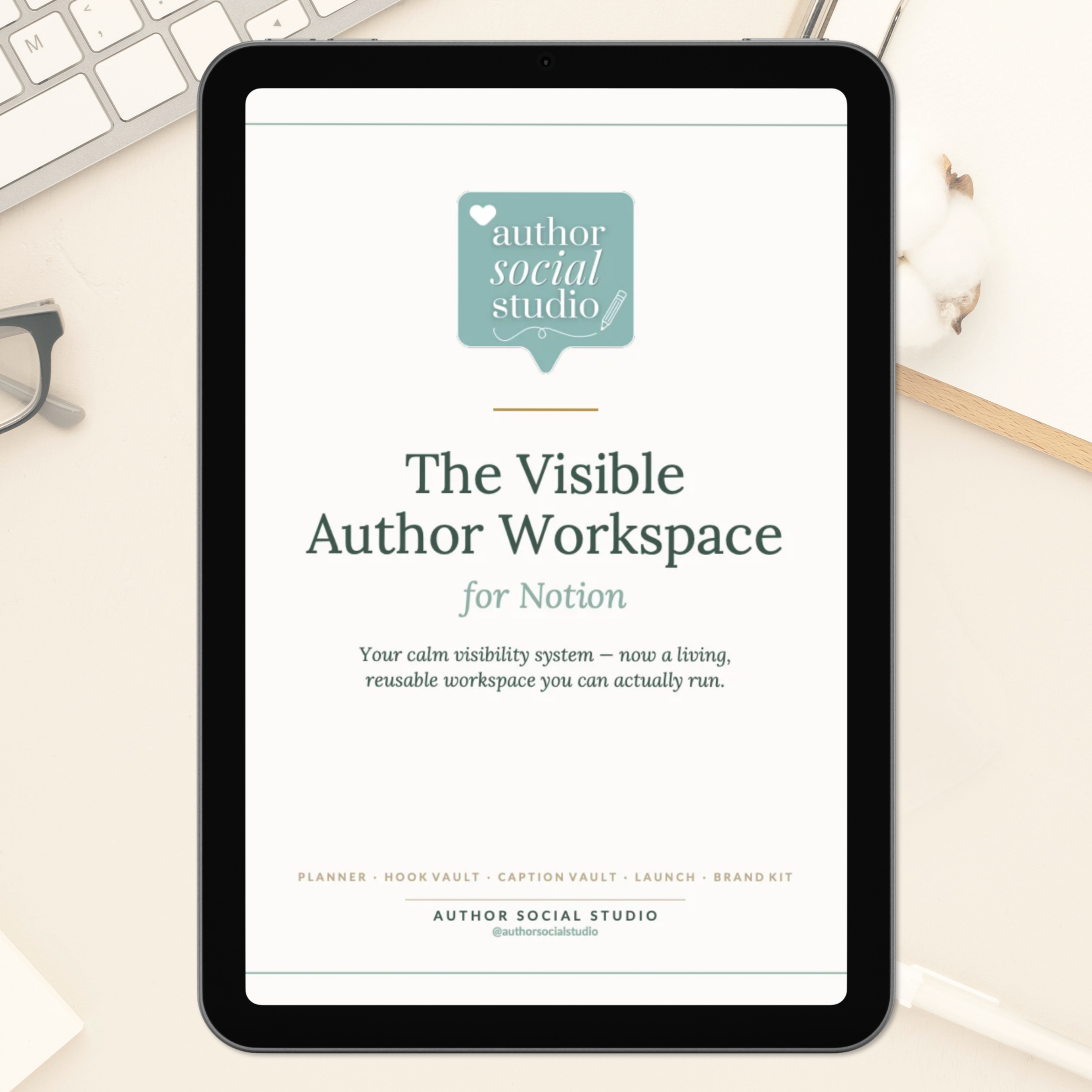 Cover image of The Visible Author Workspace for Notion on an iPad on a white desk