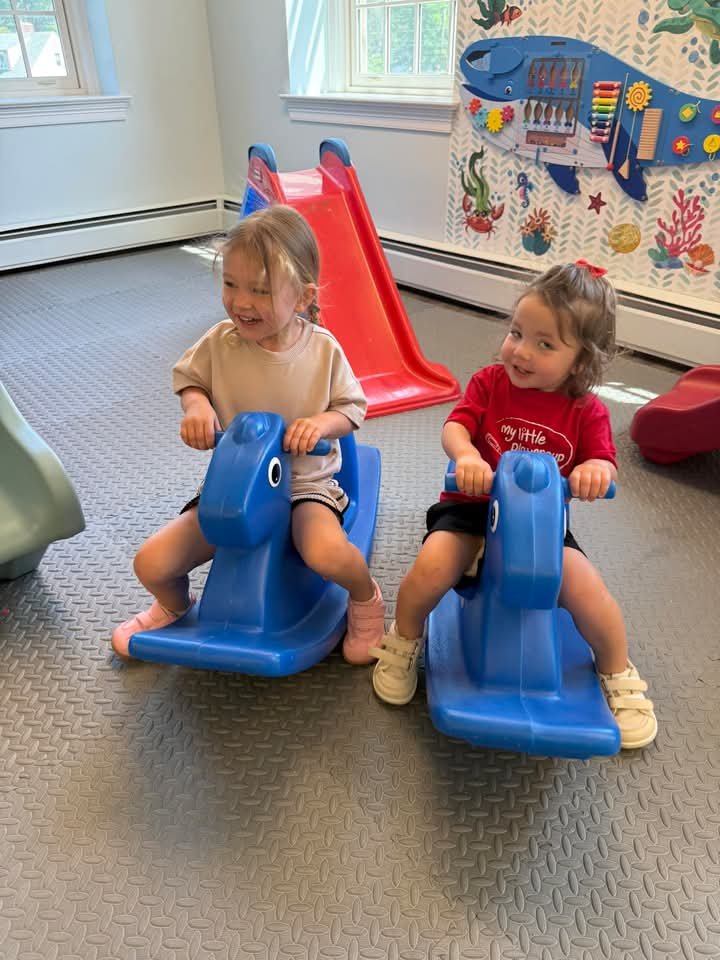 Two young girls playing on blue rocking horse toys inside a colorful playroom with a red slide, patterned wall decor, and windows letting in natural light.