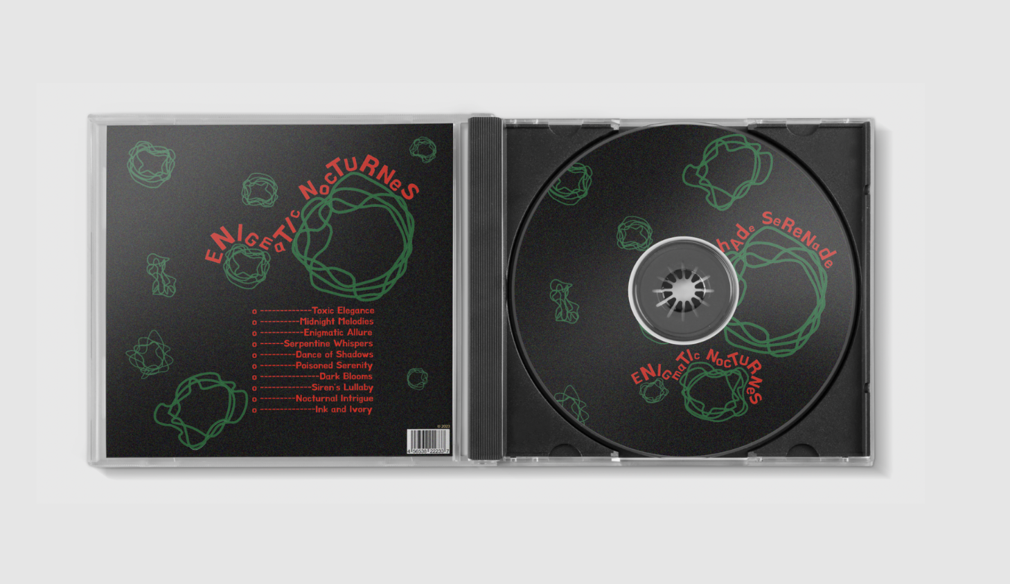 Open CD case with black background, green abstract shapes, and red text reading 'Energistic Nocturnes'. List of track titles in red on the left side.