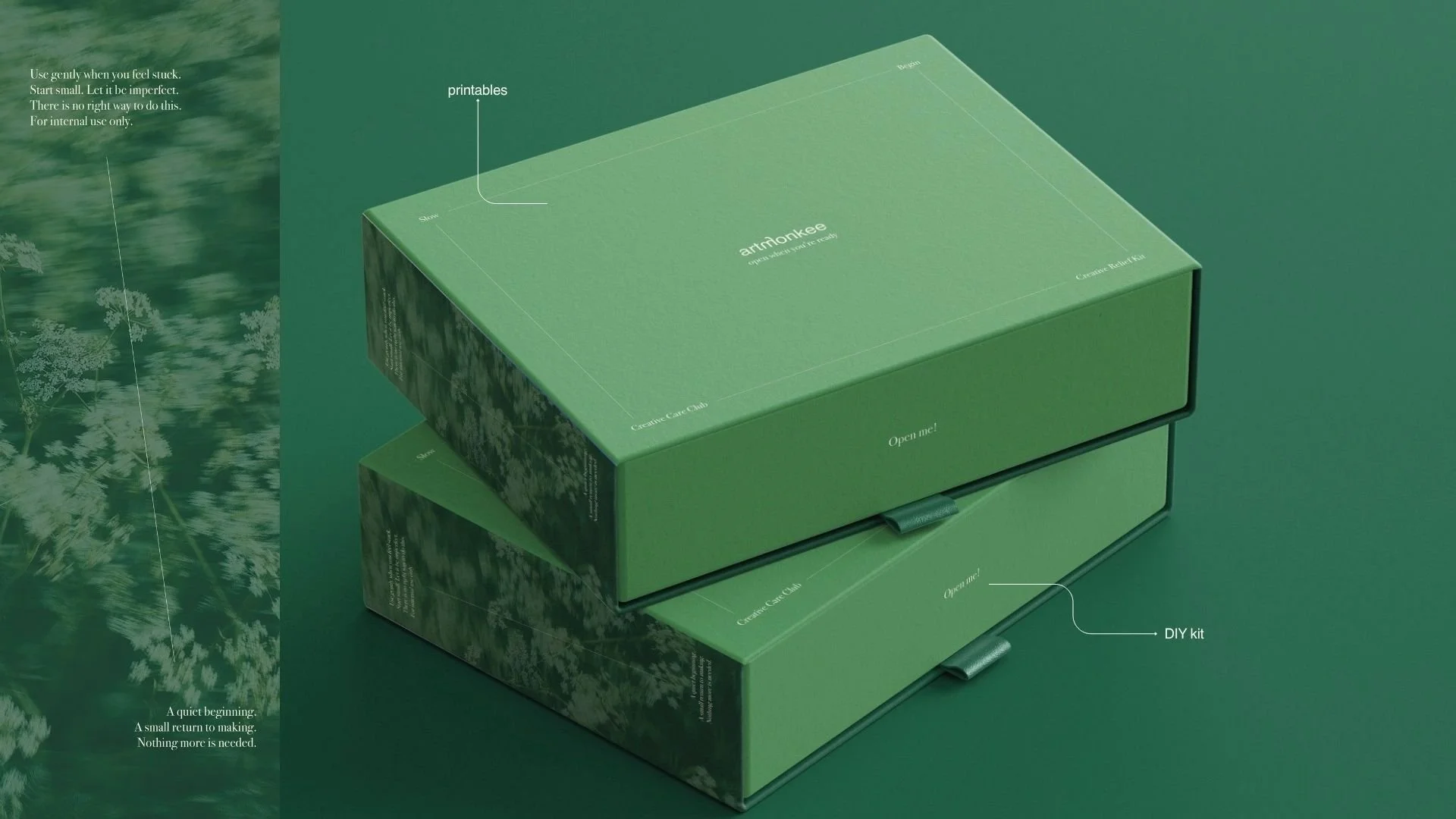 Green box packaging labeled "artnokee" with the phrase "open when you are ready" in the center. The box is rectangular with a pull tab labeled "DIY kit" on the side. The background is green, and there is a second box underneath. Small white text on the side reads "Creative Care Club." The packaging design includes instructions like "Use gently when you feel stuck. Start small. Let it be imperfect. There is no right way to do this. For internal use only." and "A quiet beginning. A small return to making. Nothing return to making. Nothing more is needed."