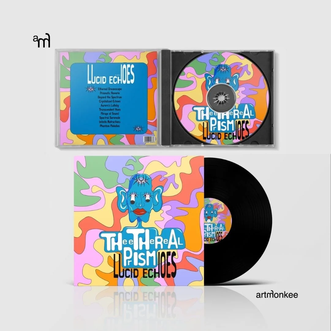 Image of a vinyl record and its cover. The cover has colorful abstract background and a blue face with multiple eyes and lips. The text on the cover reads "Theoretical Pism" and "Lucid Echoes." The CD inside has similar colorful abstract art with the same face and text. The artist's handle "artmonkee" is in the bottom right corner.