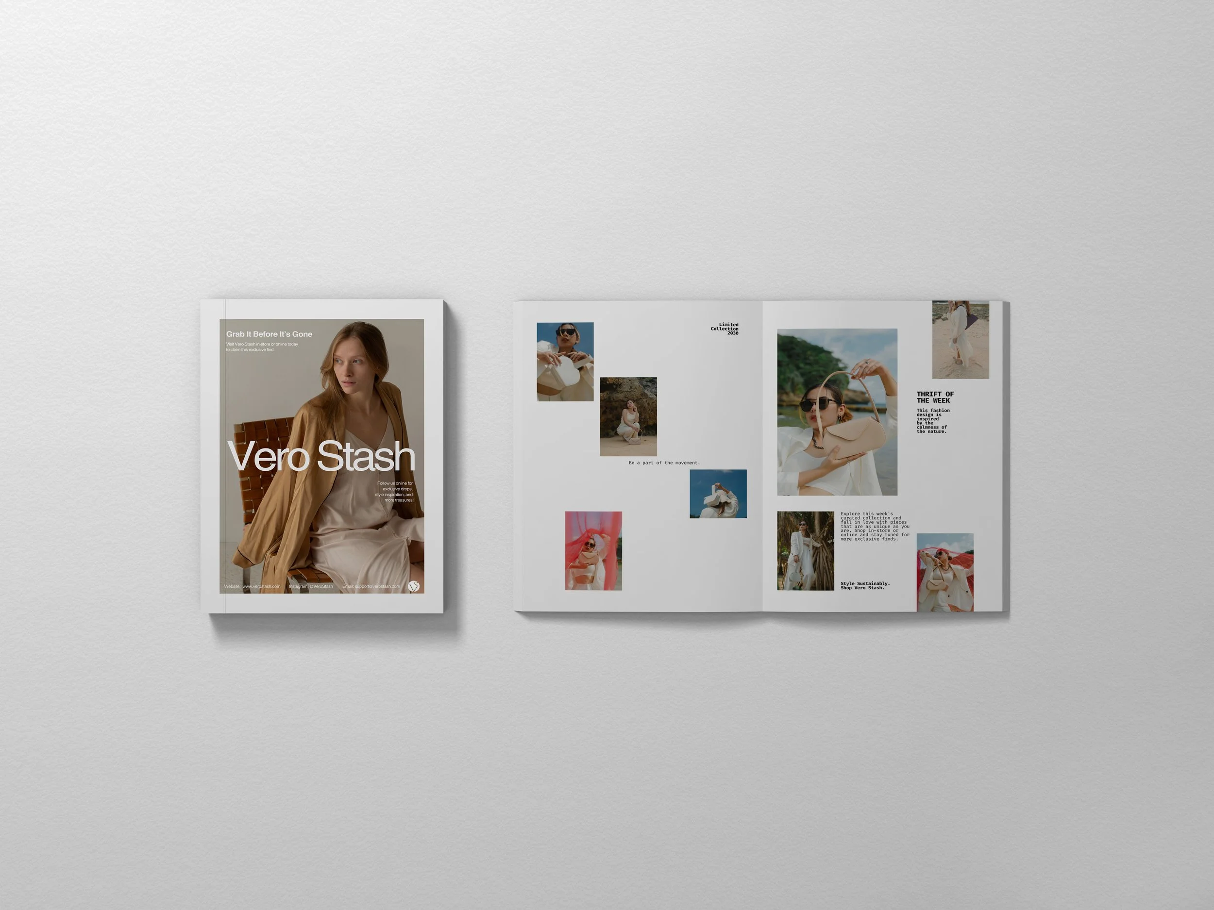 Display of three fashion magazine pages featuring models wearing stylish clothing and accessories, with text promoting exclusive fashion collections and sustainability.