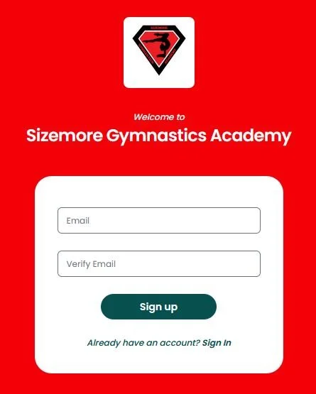 Red gymnastic academy sign-up page with a Superman logo at the top, fields for email and email verification, a green sign-up button, and a link to sign in if already registered.