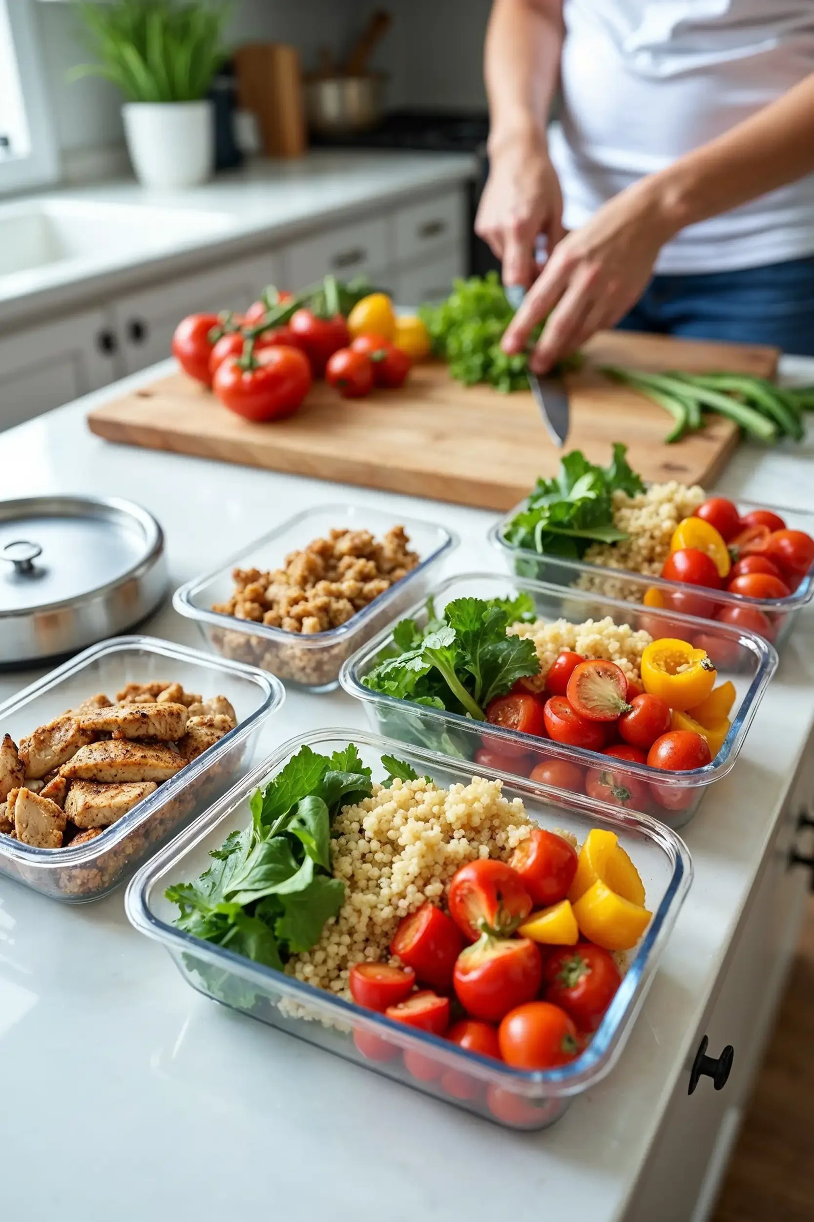 glass bowls with tomatoes, cous cous and leafy greens in them, there are two more glass bowls with chicken and in the background are hands holding a knife and cutting up items on a wooden chopping board