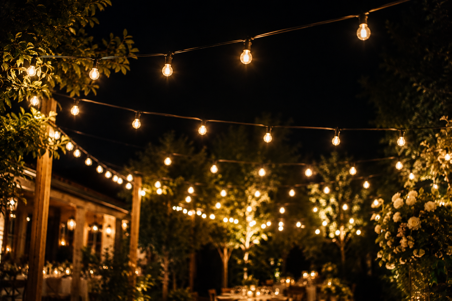 String of outdoor string lights hanging above a patio area surrounded by trees and greenery at night.