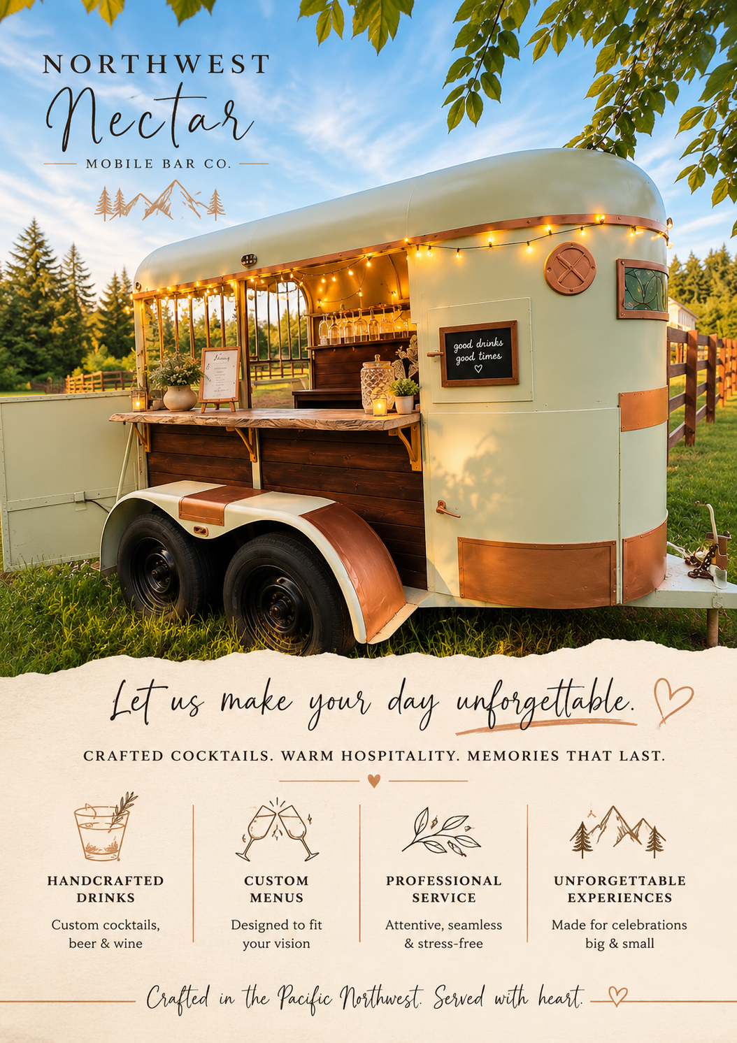 A vintage trailer set up as a mobile bar with string lights, a chalkboard sign, and decorative items, outdoors on a grassy area with trees and a fence in the background.