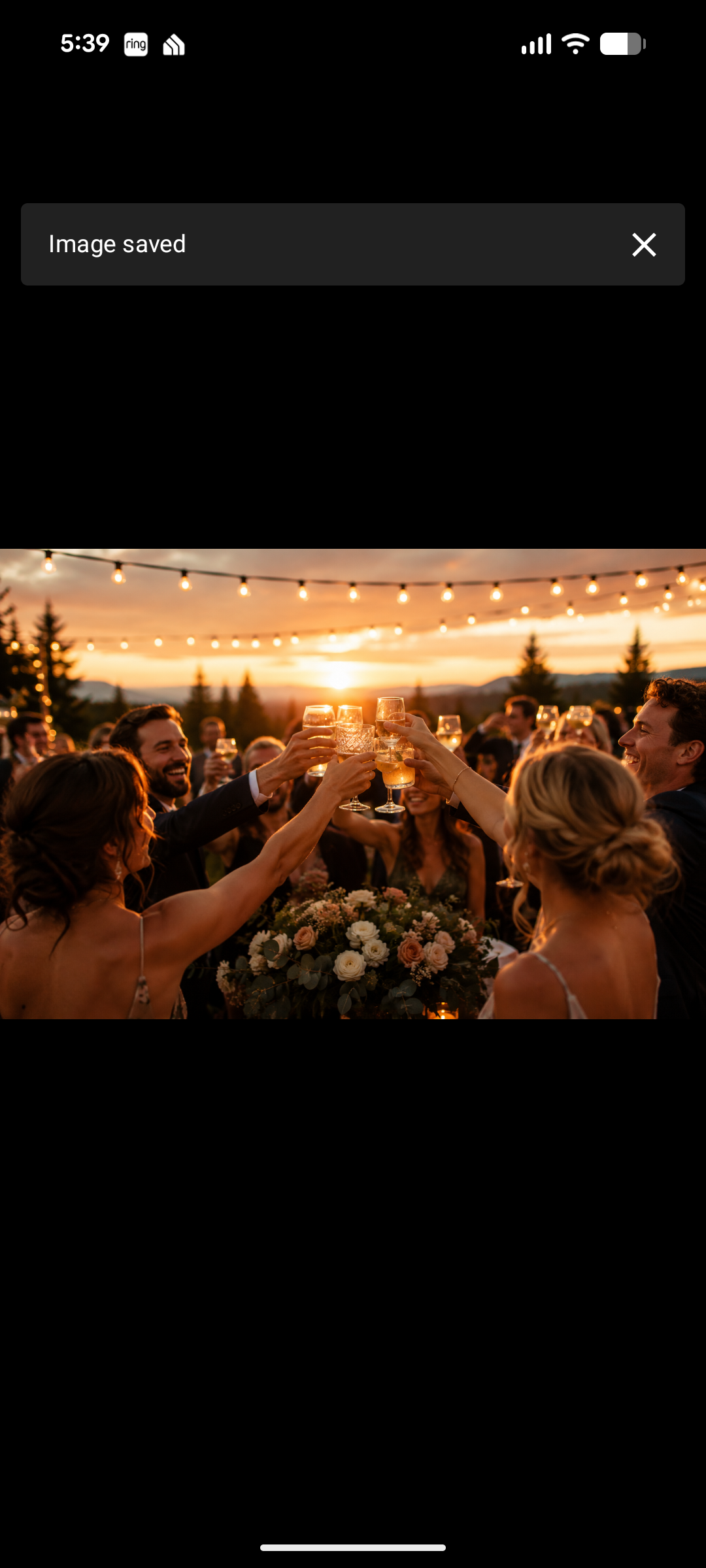 People celebrating with drinks at an outdoor wedding reception during sunset with string lights and scenery of trees and mountains.
