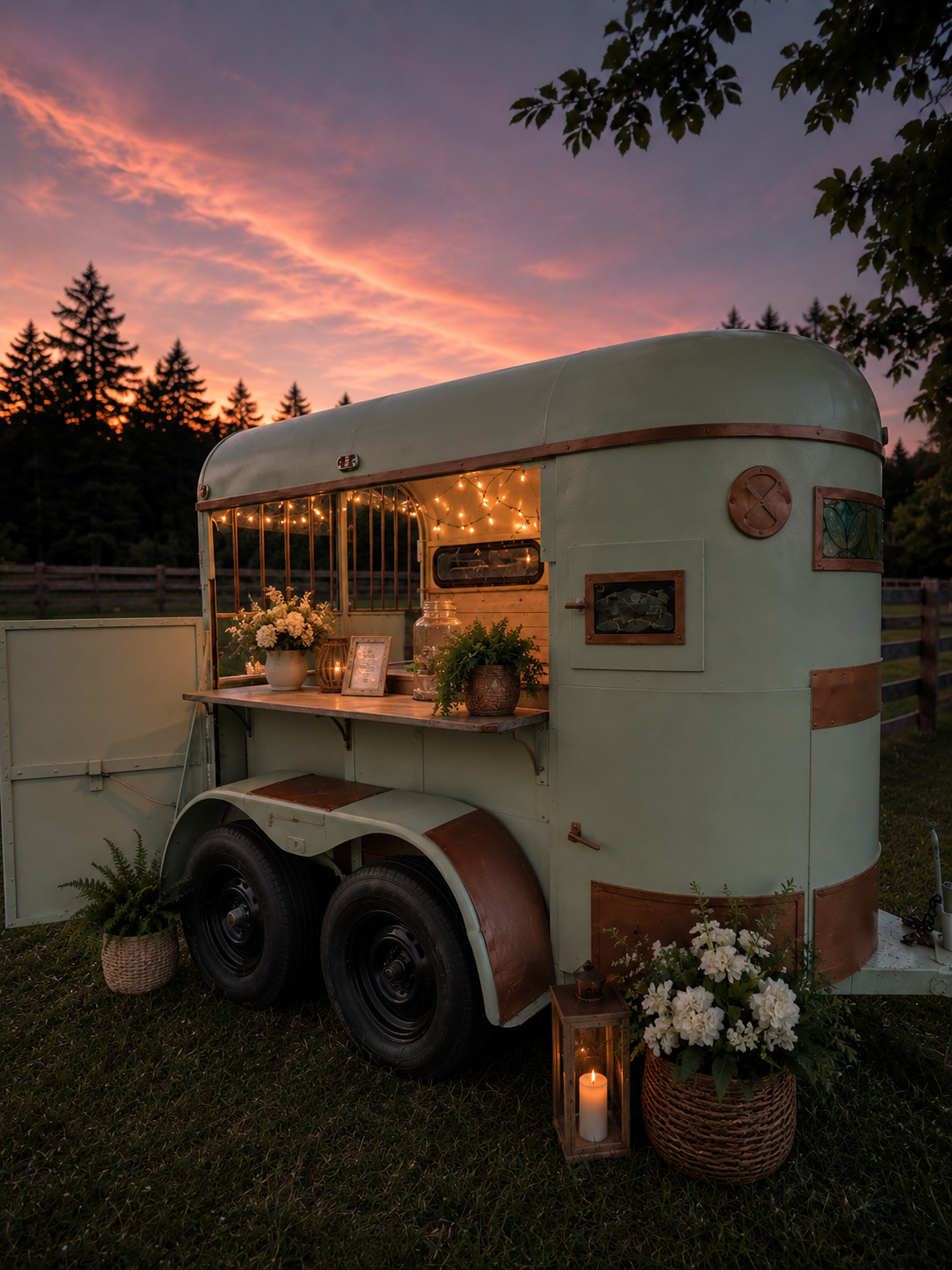 A vintage teardrop trailer decorated for outdoor evening dining, with string lights inside, potted flowers, a lantern with a candle, and a sunset sky in the background.