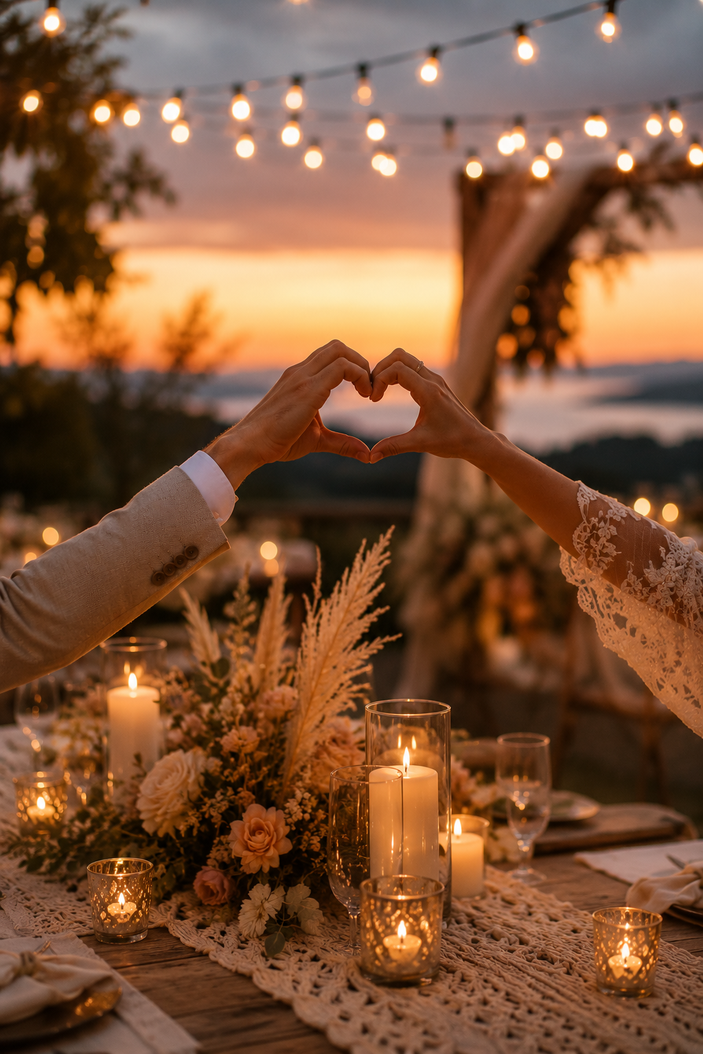 Couple making a heart shape with their hands at an outdoor wedding reception during sunset, with string lights and candles on the table.