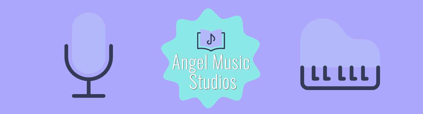 Illustration with a microphone on the left, a logo reading 'Angel Music Studios' with an open book and music note in the center, and a keyboard on the right, all set against a lavender background.