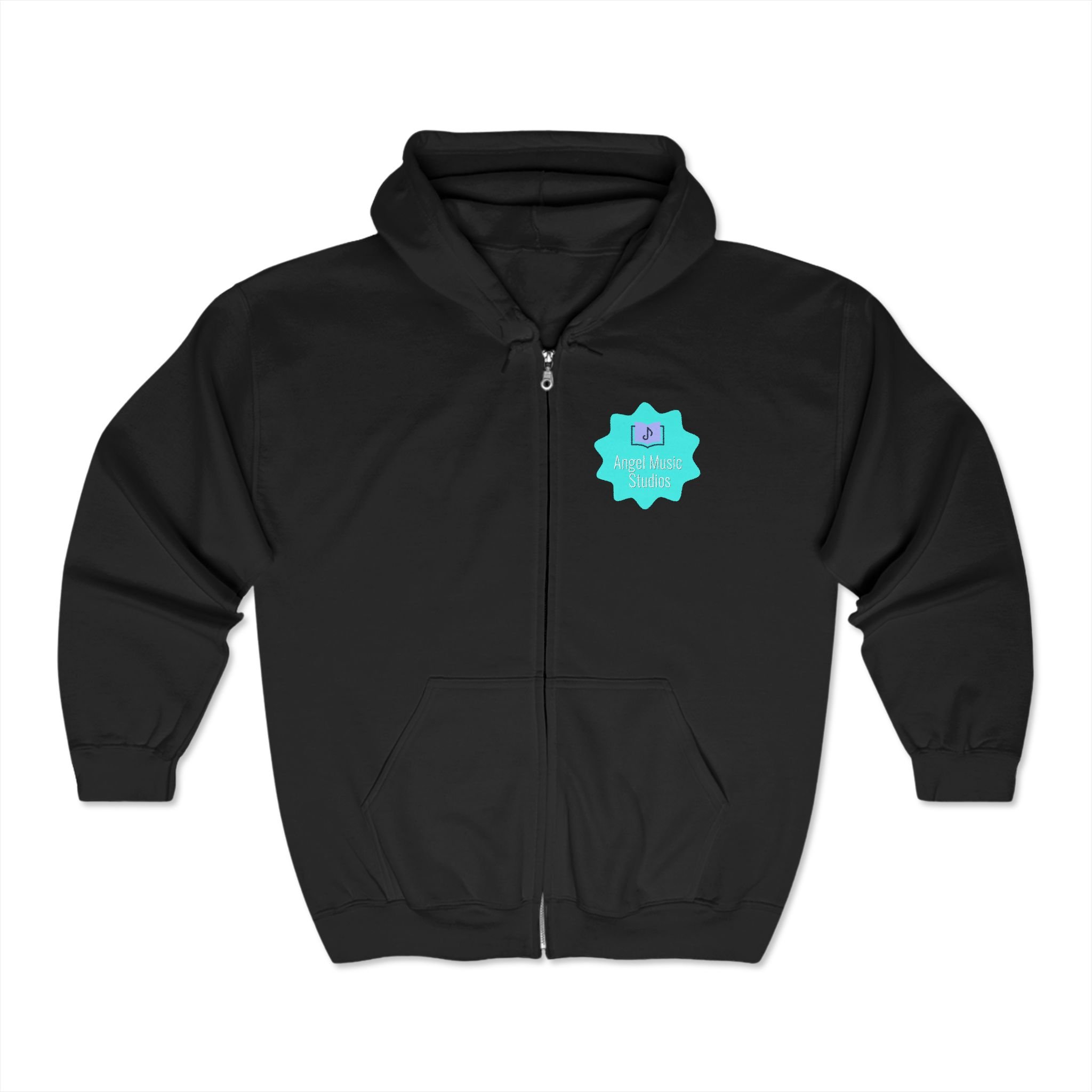 Black zip-up hoodie with a logo patch on the front that reads 'Angel Music Studios' and features a musical note inside a star shape.