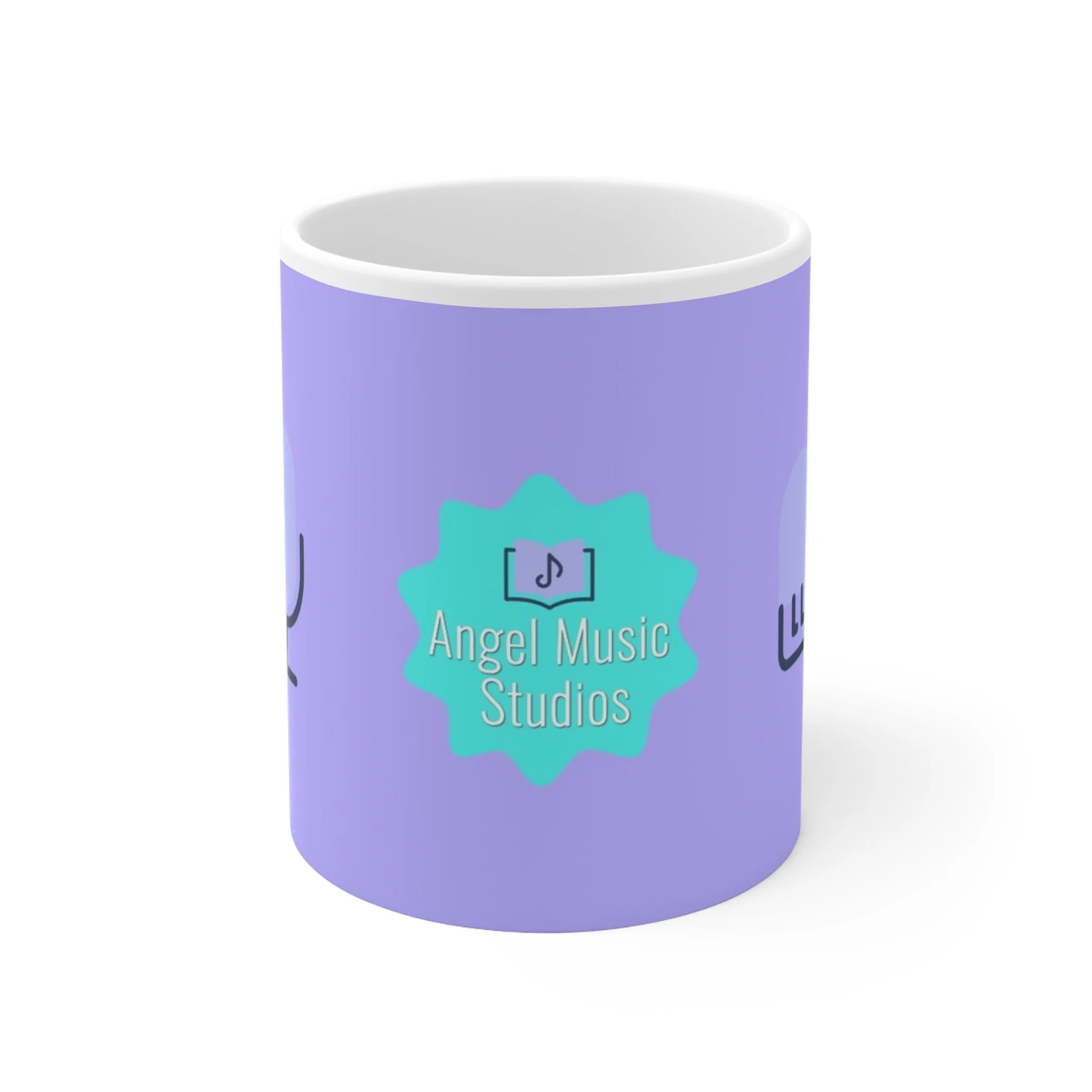 A purple cylindrical container with a light blue and purple logo that says 'Angel Music Studios'.
