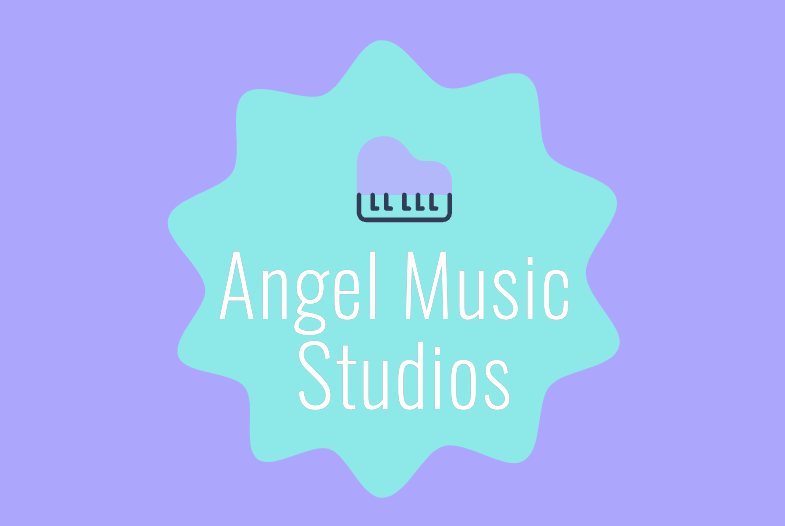 Logo of Angel Music Studios with a music note icon on a blue star-shaped background.