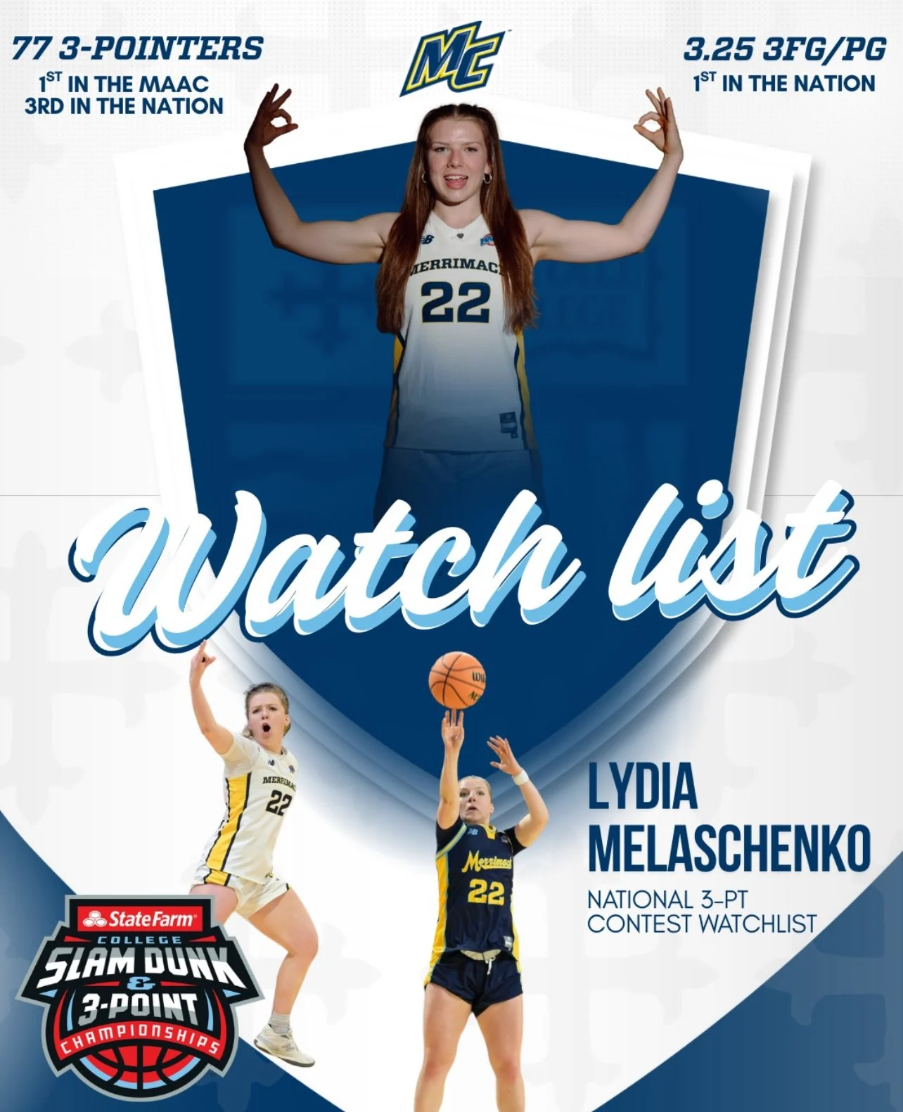 A promotional graphic for the college dunk and 3-point championships featuring Lydia Melashenko, a basketball player wearing a jersey with the number 22. The graphic highlights her 77 three-pointers, her ranking in the MAAC and national points, and her average points per game. It includes images of her in action and logos for the event and State Farm College Slam Dunk & 3-Point Championships.