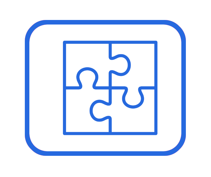 Outline of a square with four interlocking puzzle pieces inside, outlined in blue on a black background.