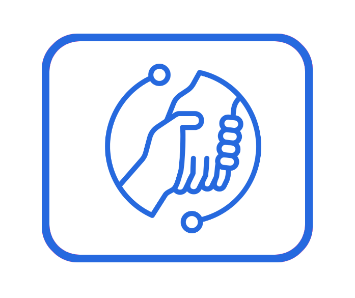 Icon of two hands shaking inside a circle, surrounded by a rectangular border, with a gradient blue outline.