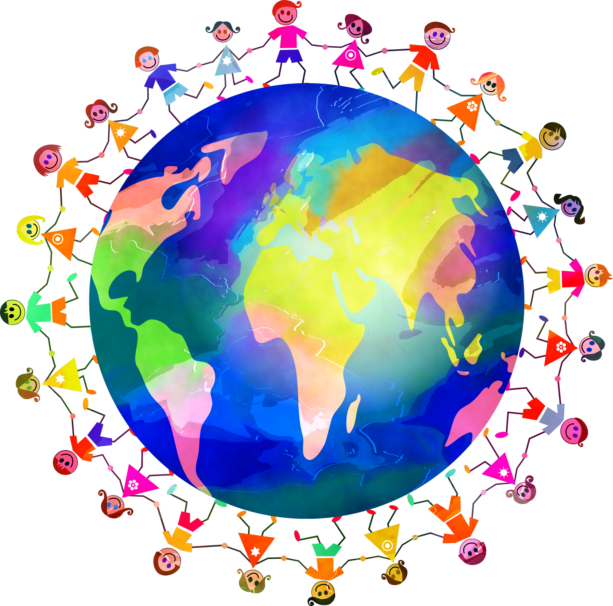 Colorful illustration of children holding hands in a circle around a stylized Earth, with symbols representing different weather conditions and climates.