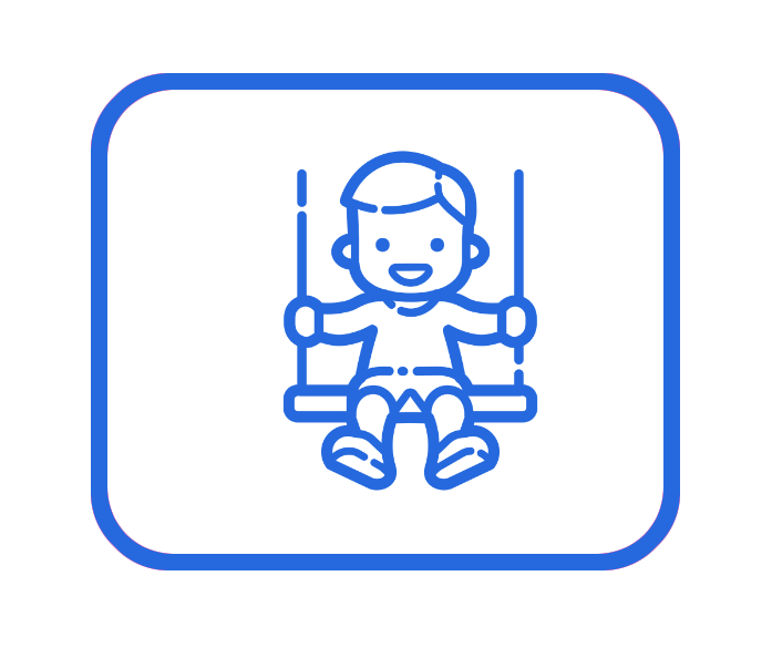 Line drawing of a happy child sitting on a swing, enclosed in a square border, in blue outline on a black background.