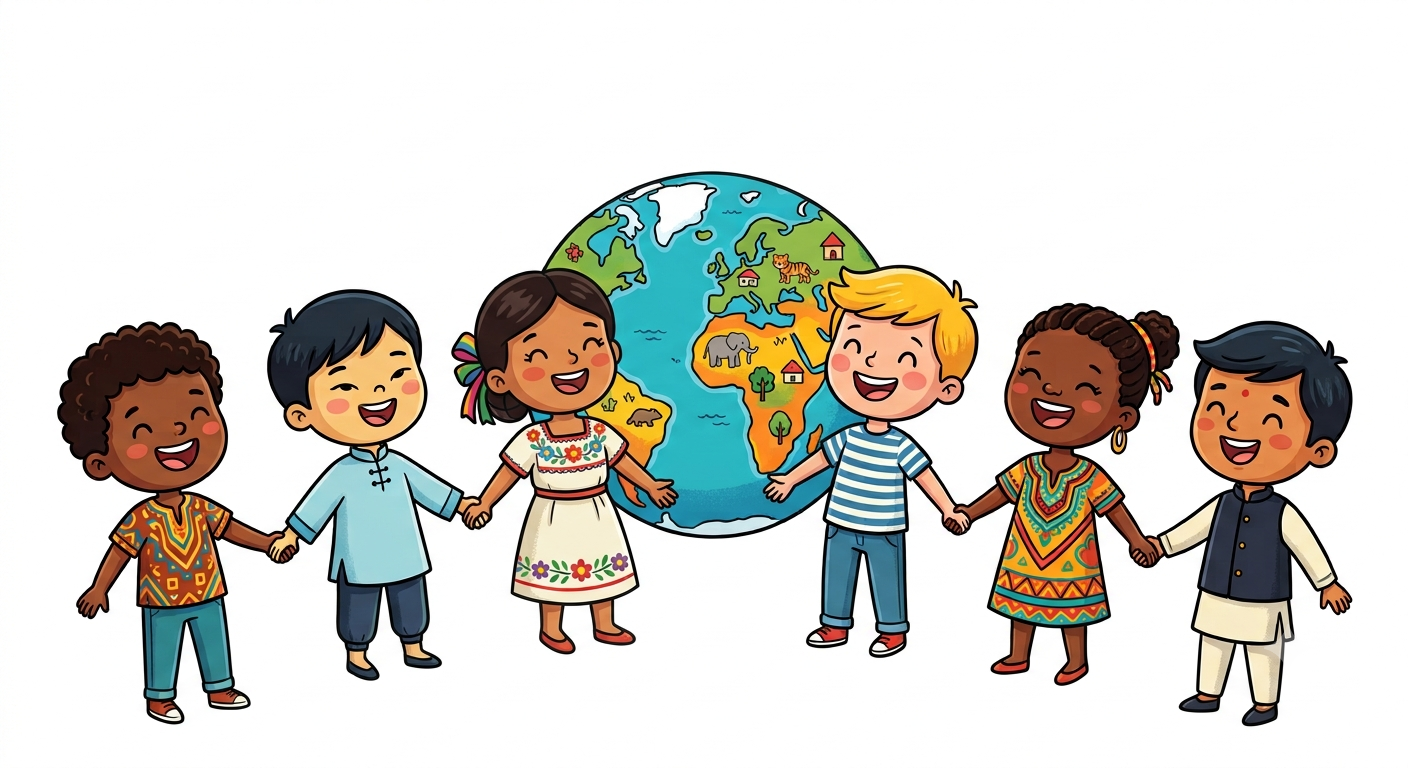 Children of diverse ethnicities holding hands in front of a drawing of the Earth, symbolizing unity and multiculturalism.