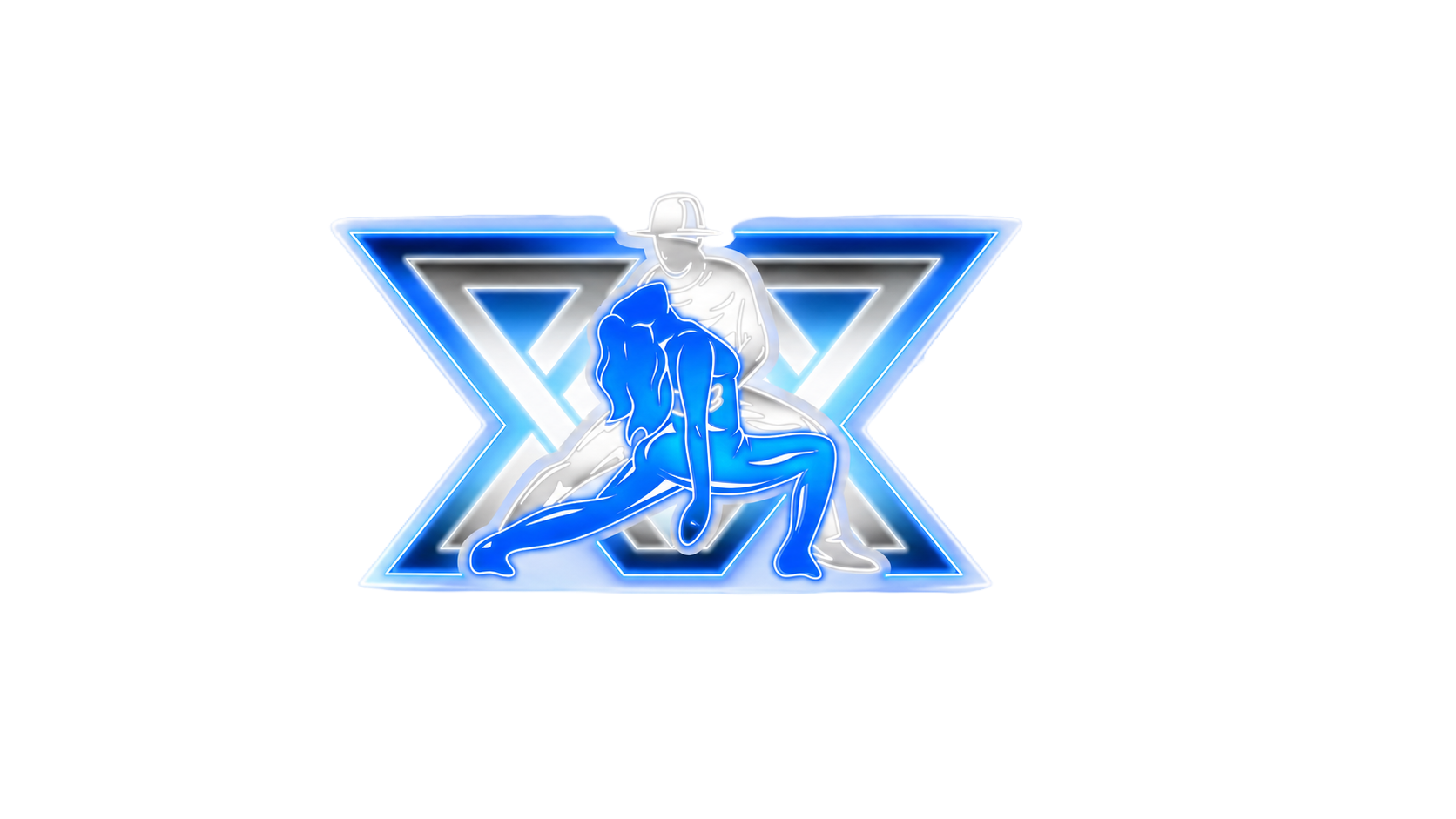 Neon sign featuring a man and a woman in provocative poses in front of an 'X' background, illuminated in blue and white.
