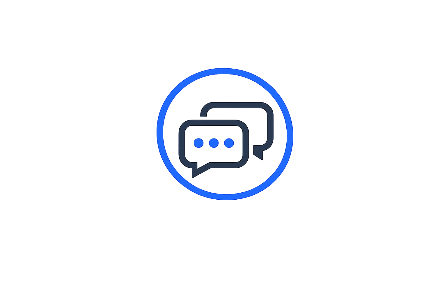 Blue circular icon with overlapping speech bubbles, one with three dots, representing messaging or communication.