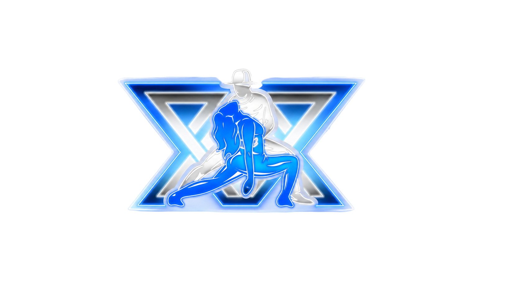 Neon-style X-Men logo with a blue and white outline, featuring a figure of a man in a hat and coat and a woman in a dance pose in front of the logo.